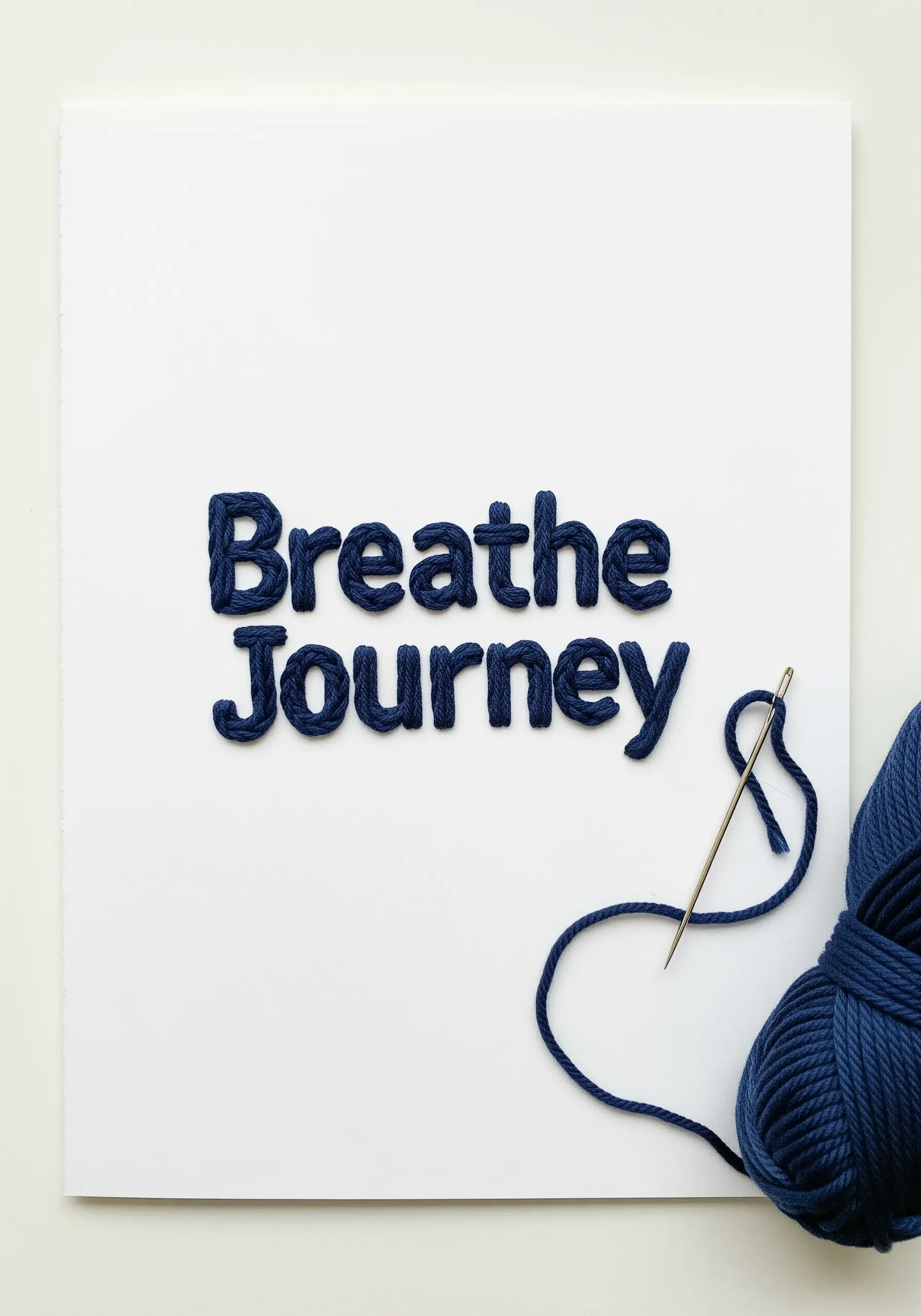 The words 'Breathe Journey' created with padded navy yarn couched onto white paper.