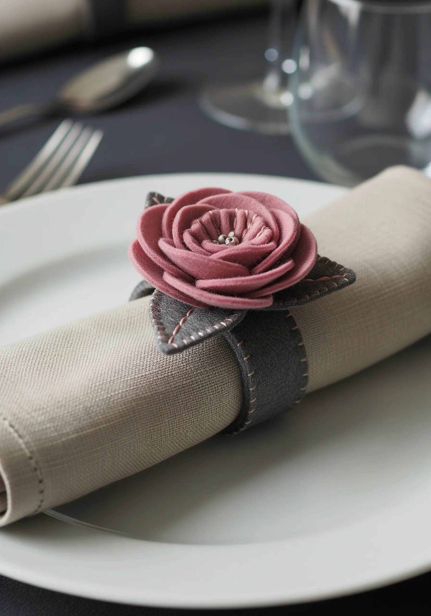 A felt napkin ring with a dimensional dusty rose flower and grey leaves, around a linen napkin.