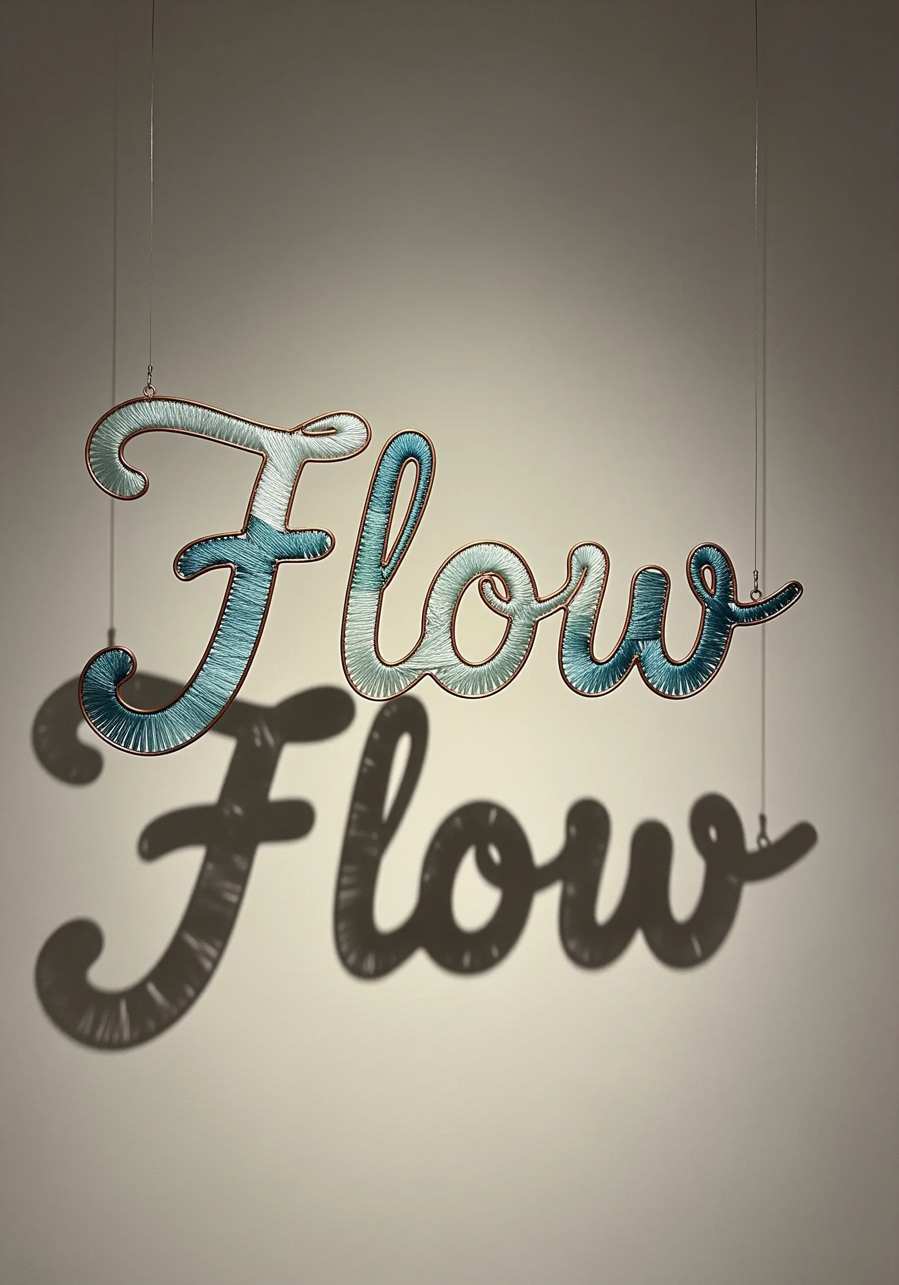 The word 'Flow' in cursive wire, filled with blue gradient thread and casting a strong shadow.