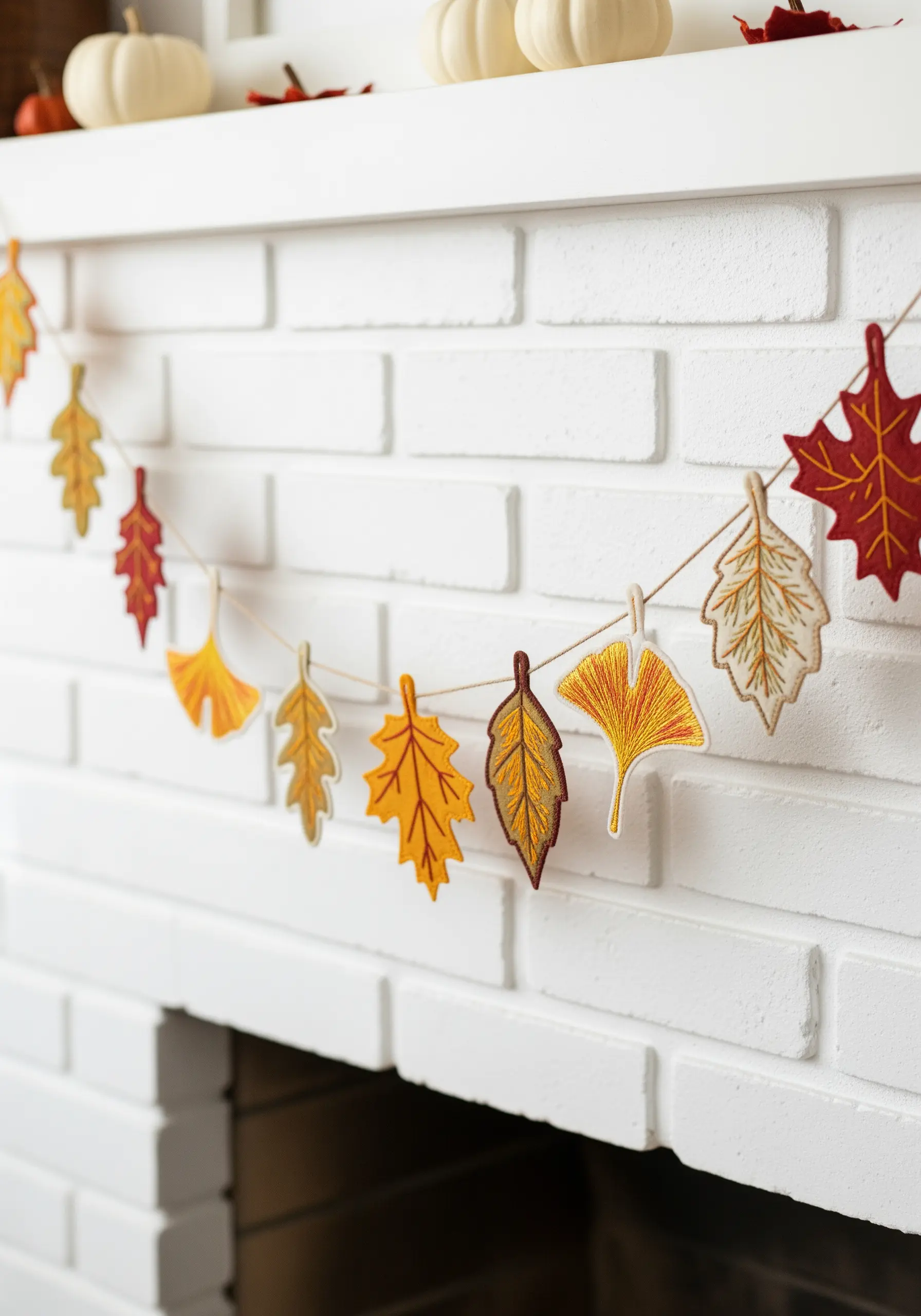 A garland of freestanding embroidered autumn leaves hanging on a white mantel.