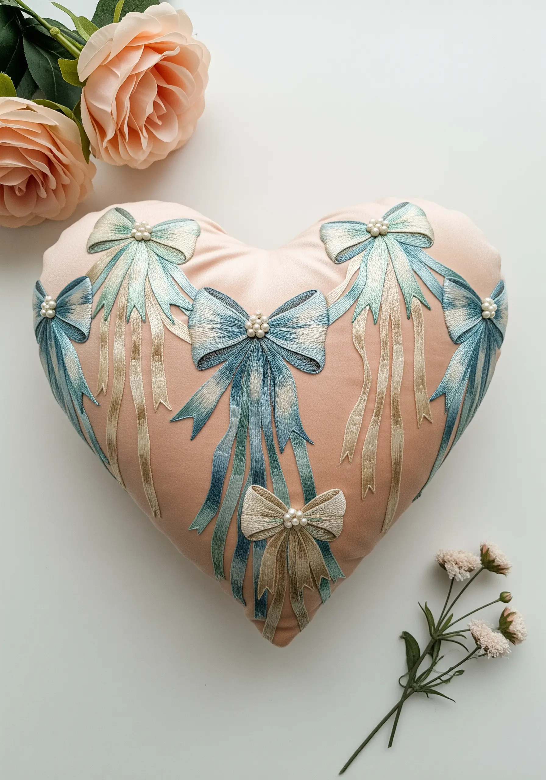 Heart-shaped pillow adorned with blue, green, and cream silk ribbon bows with pearl centers.