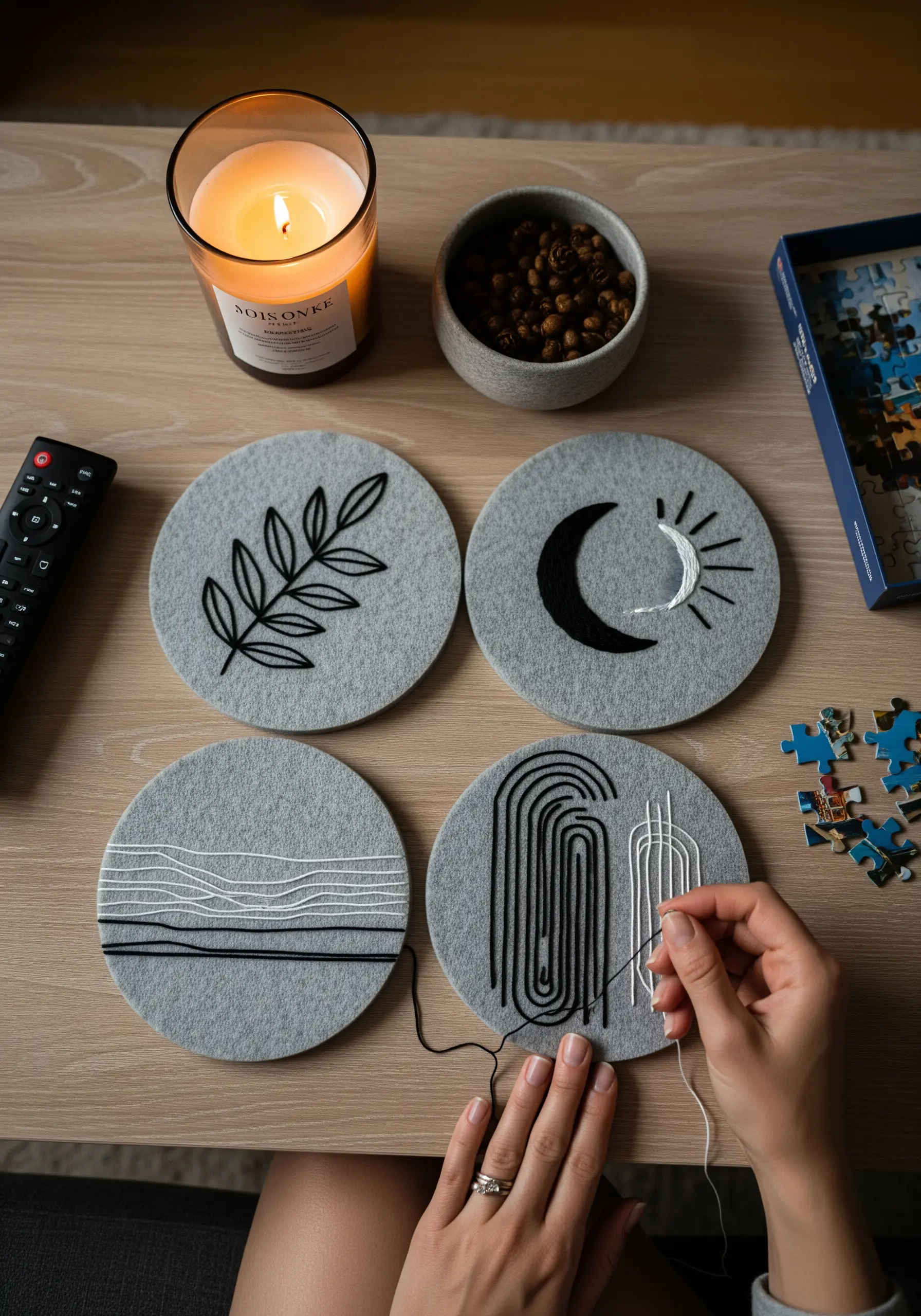 A set of four felt coasters with minimalist embroidered designs of a leaf, moon, and abstract lines.