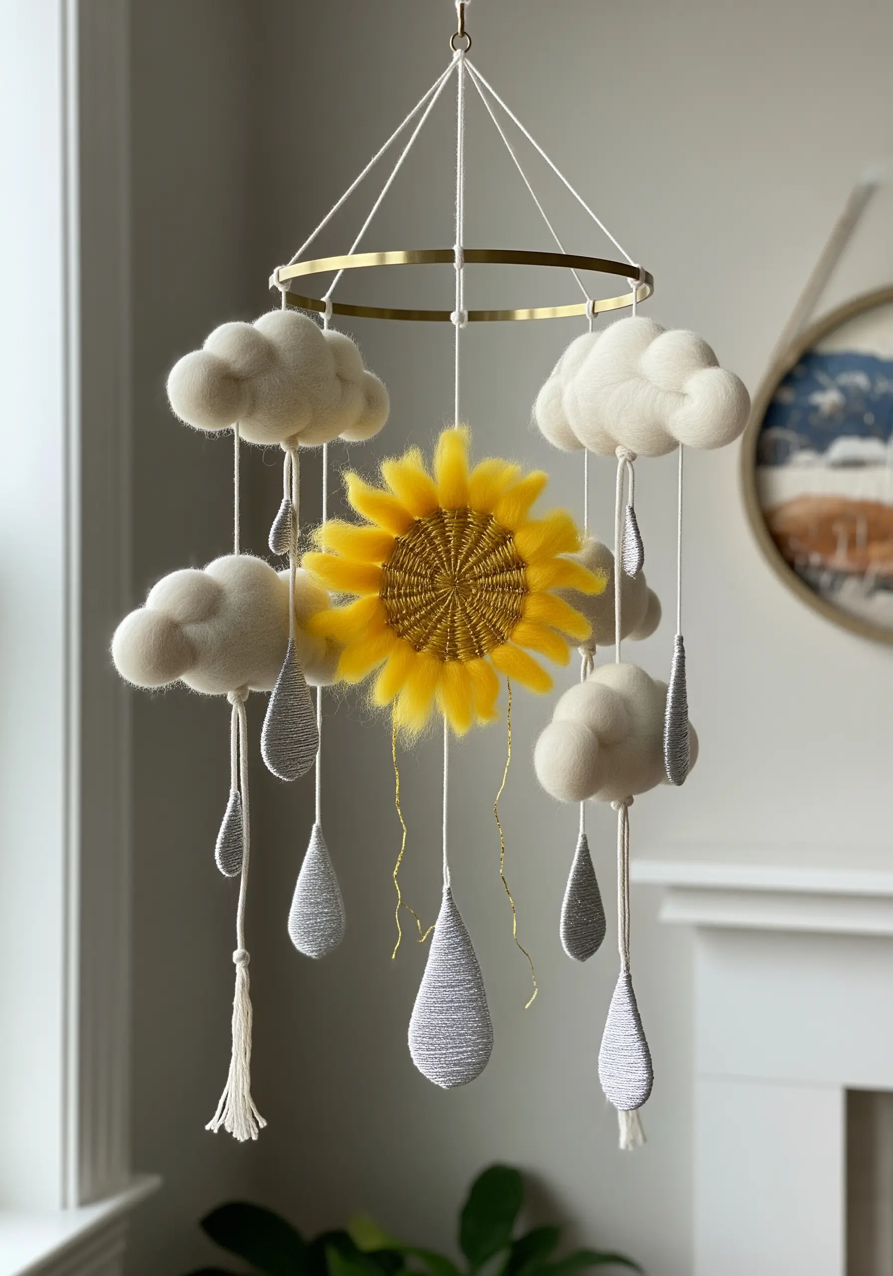 Nursery mobile with needle-felted clouds, raindrops, and a central embroidered sunflower.