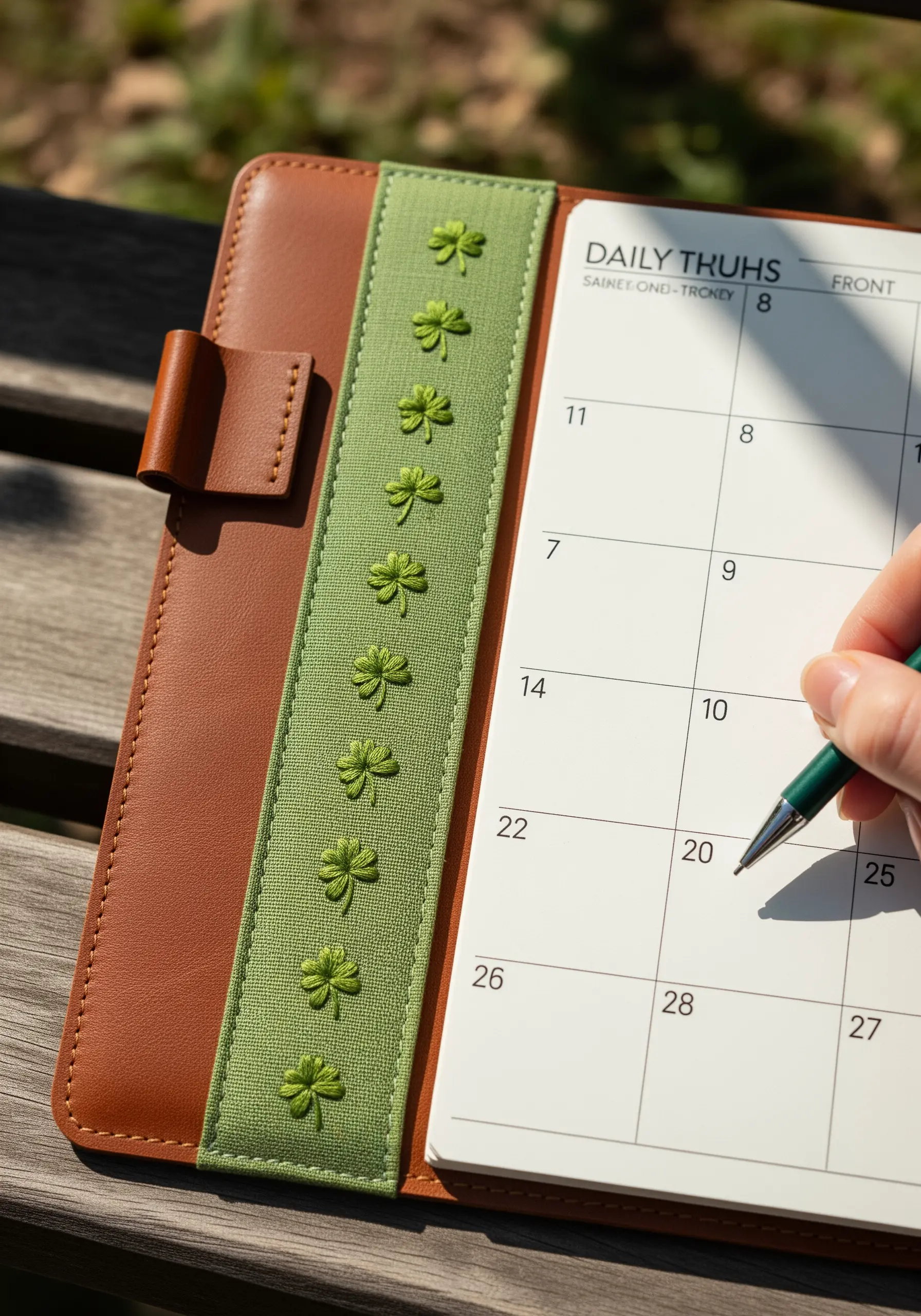 A repeating pattern of simple green shamrocks embroidered on a planner band.