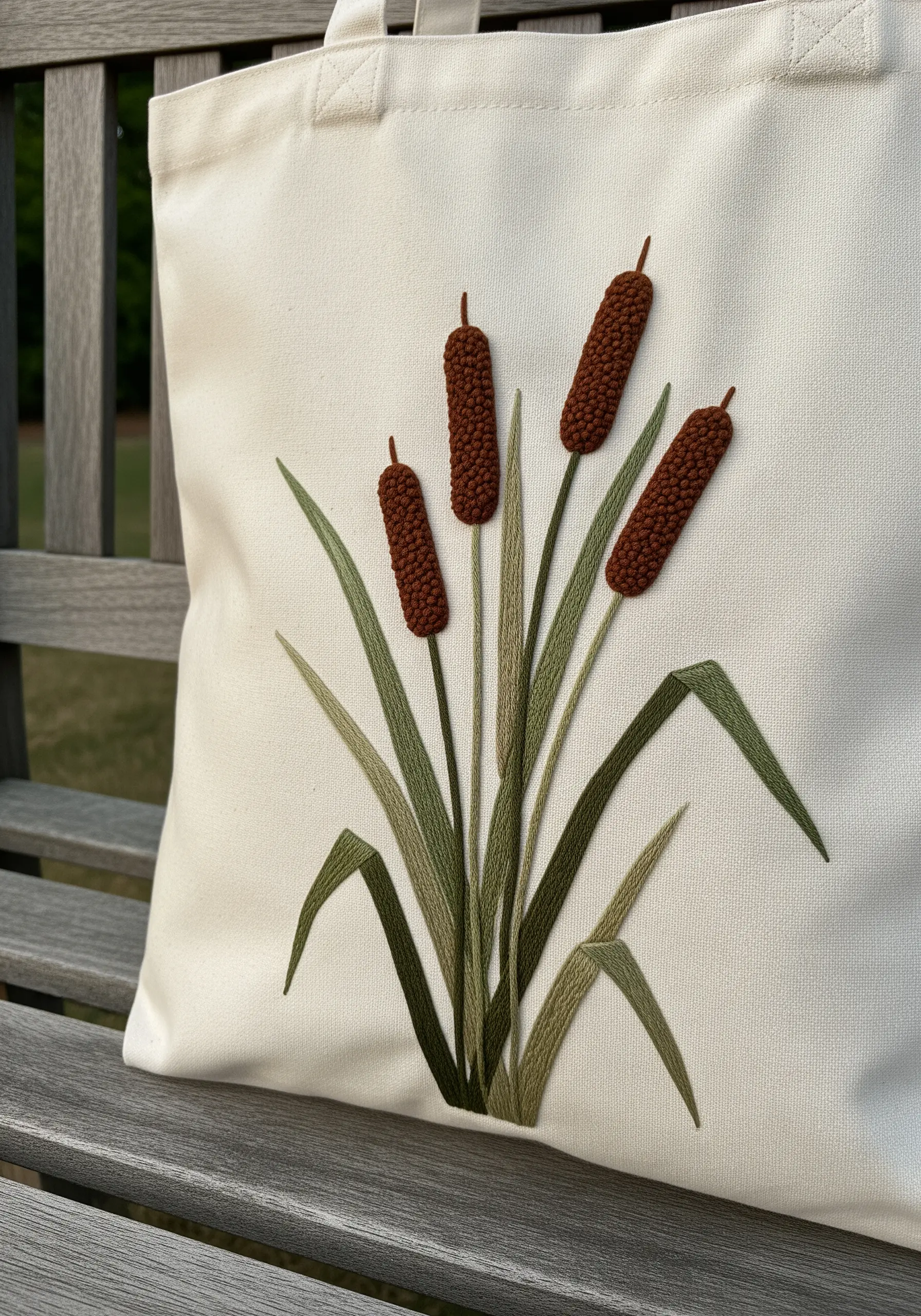 Canvas tote bag embroidered with cattails, featuring a plush, 3D texture for the brown flower heads.