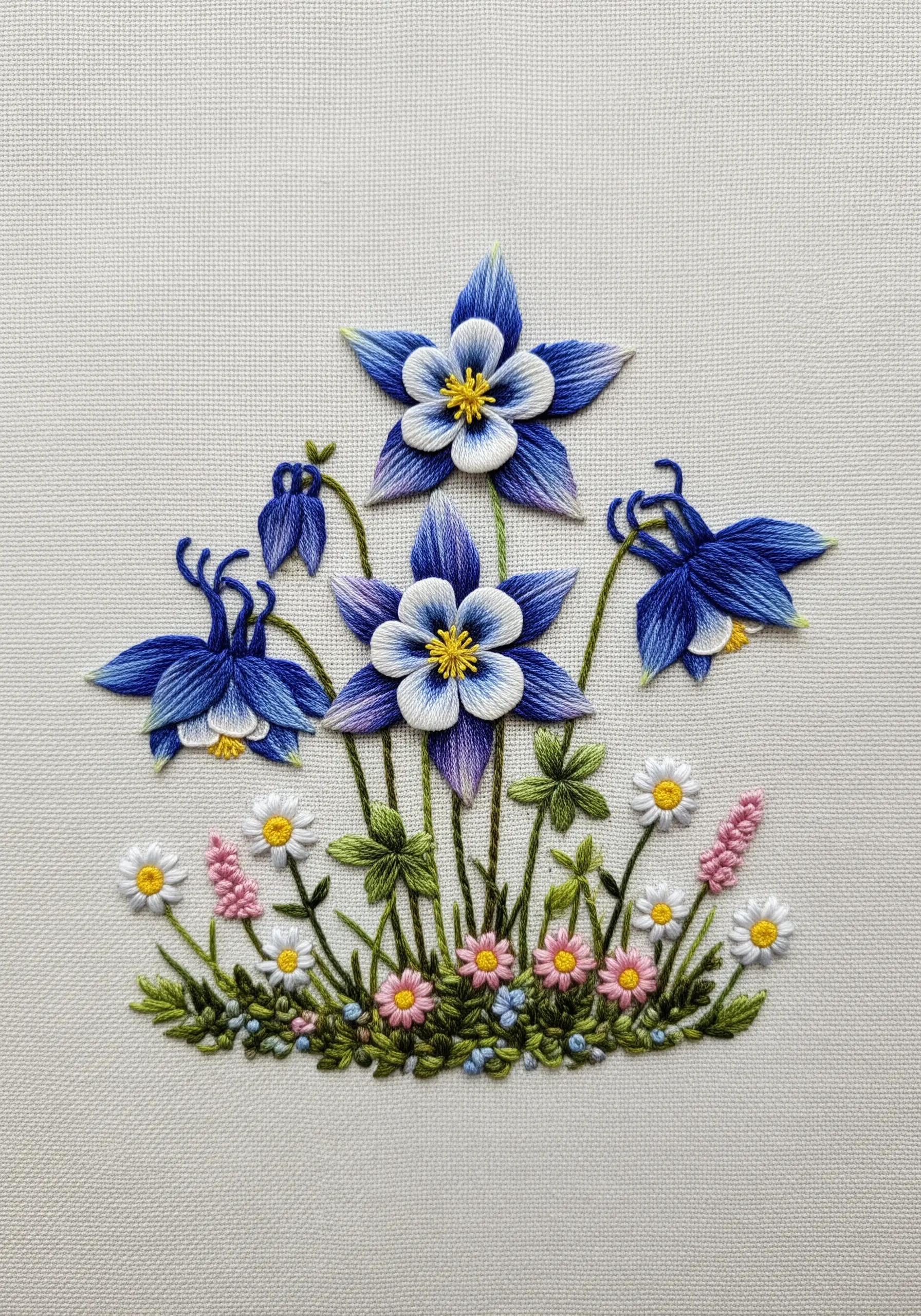 Embroidery of blue and white Columbine flowers with three-dimensional, detached petals.