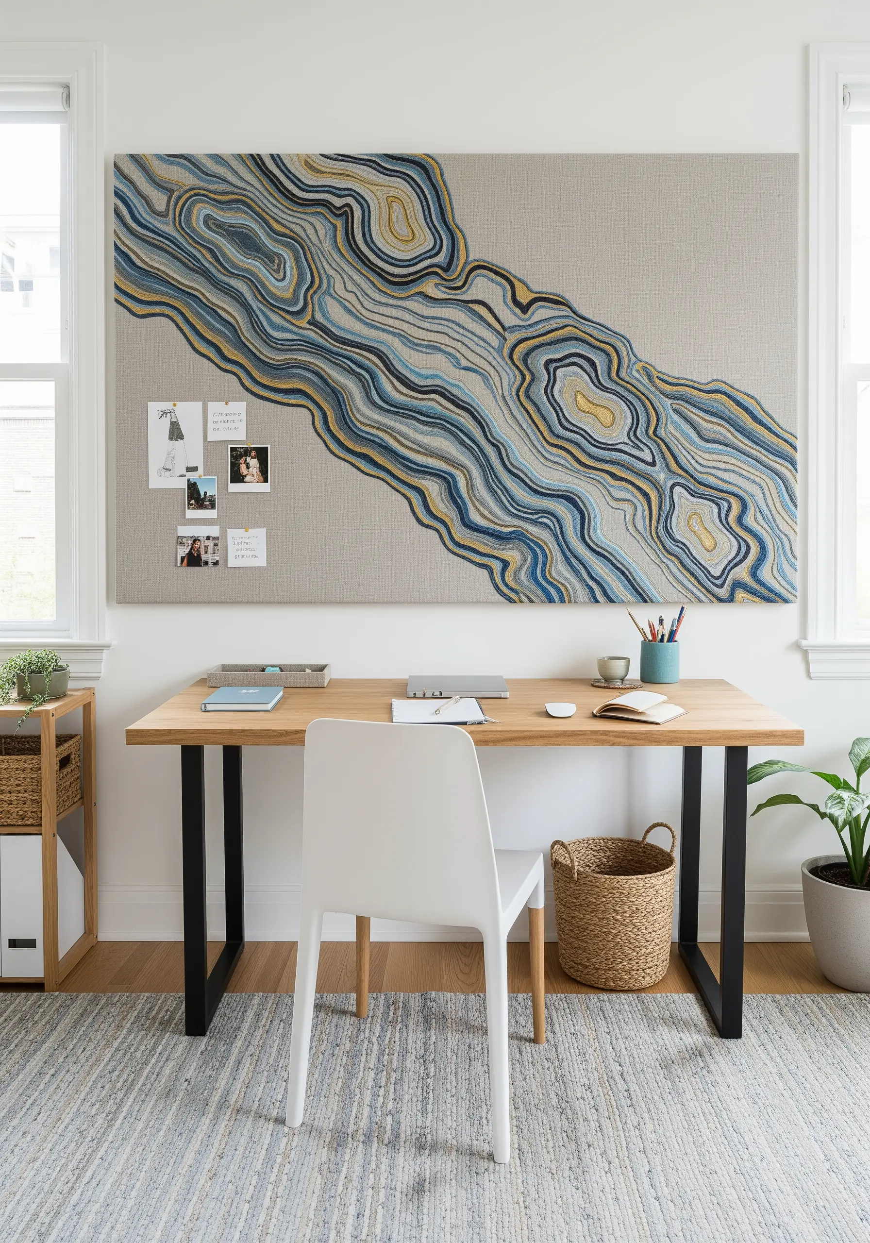 A large, framed pinboard with abstract embroidered lines resembling an agate slice.