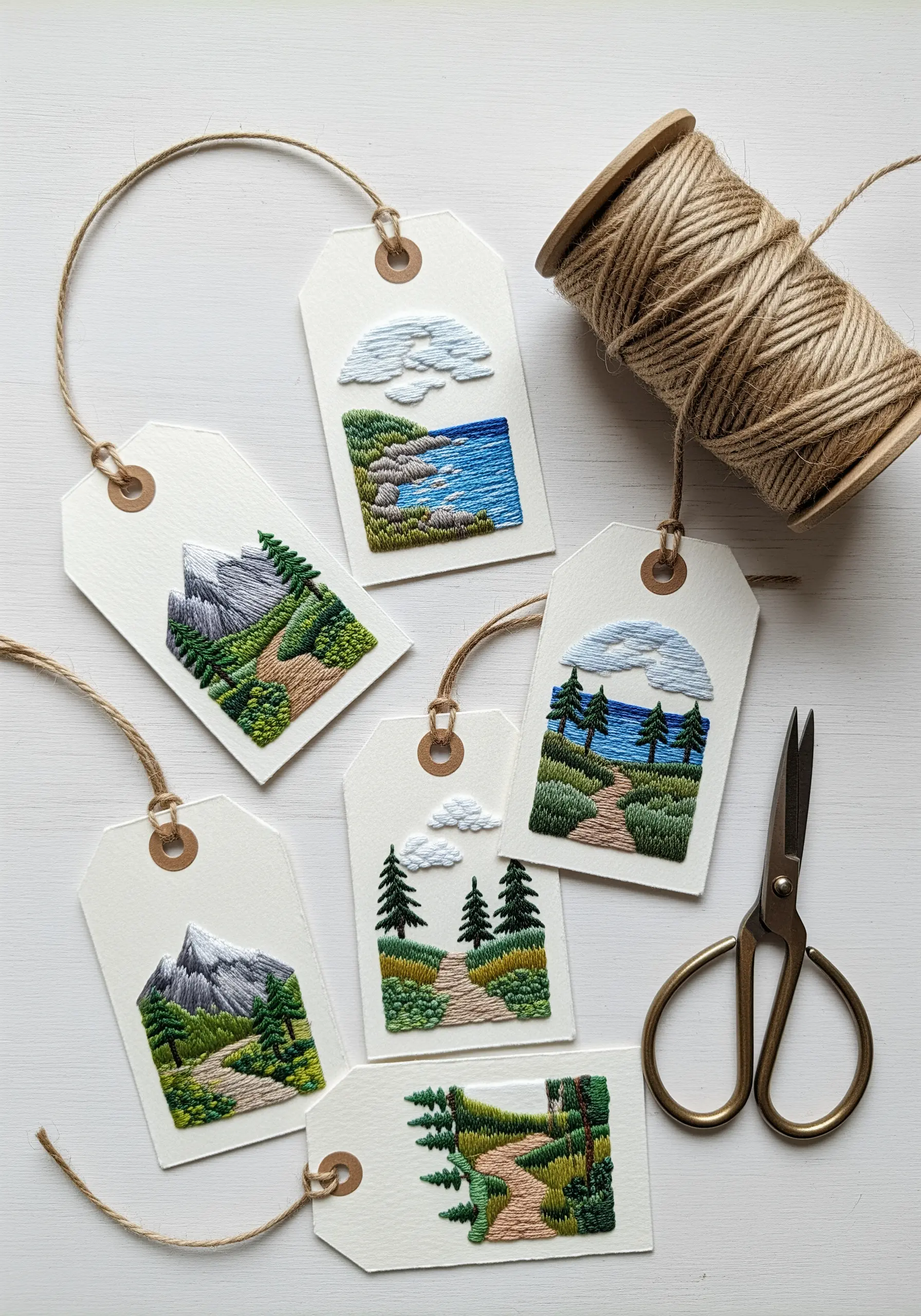 Small paper tags featuring miniature embroidered landscapes of mountains and coastlines.