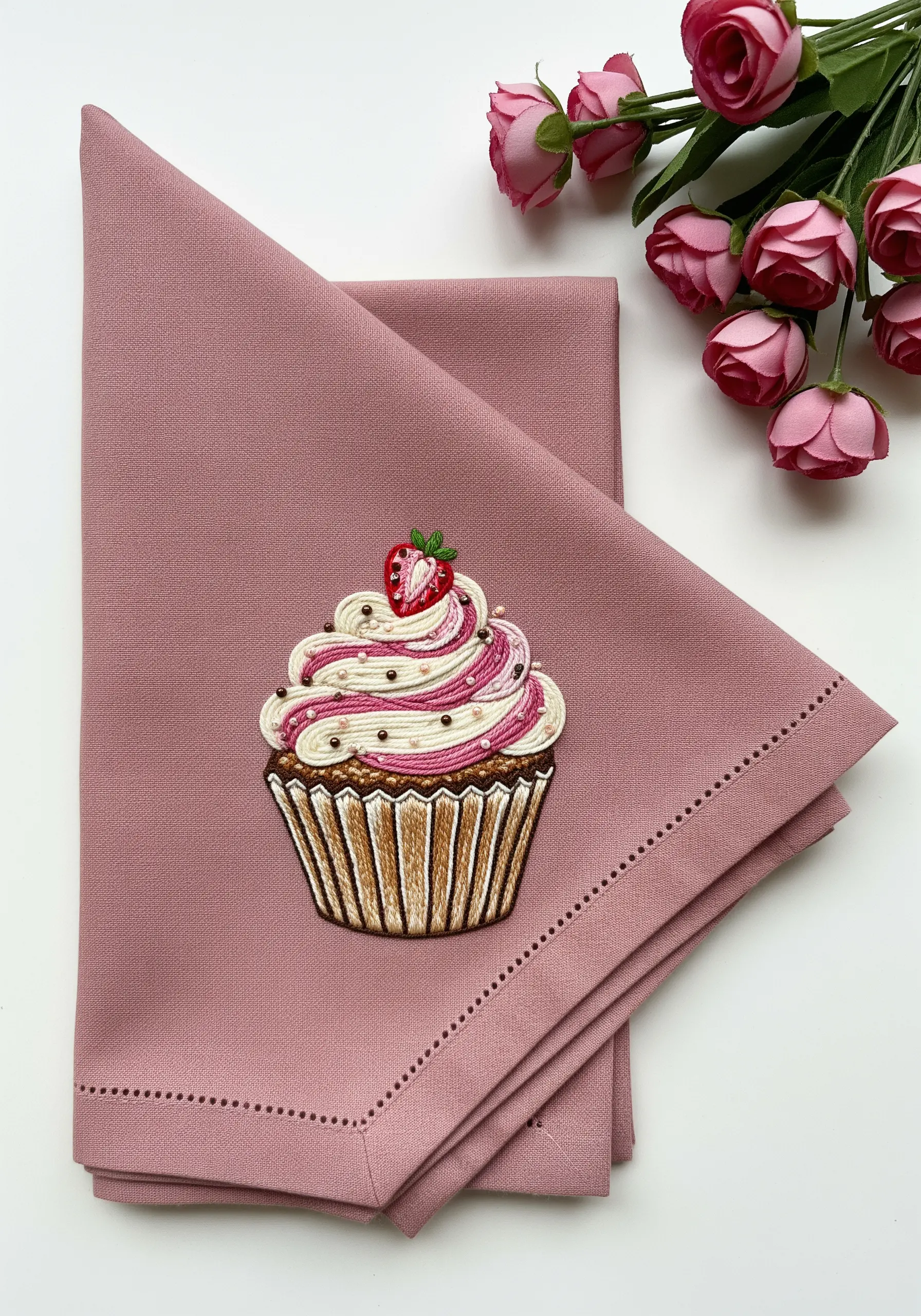 A detailed embroidered cupcake with realistic frosting swirls on a pink napkin.