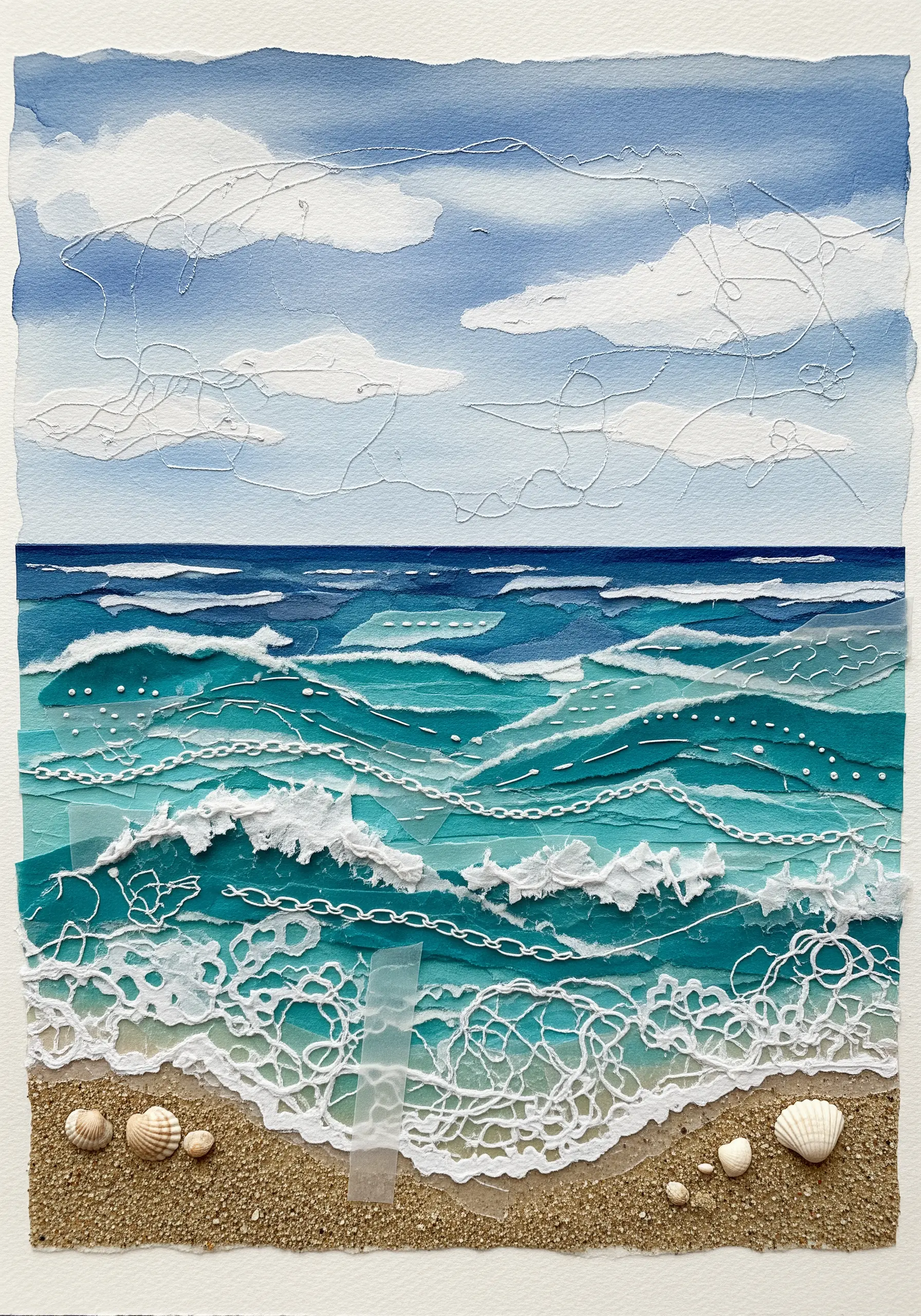 A seascape collage made from torn paper, lace, and white thread to depict waves and clouds.