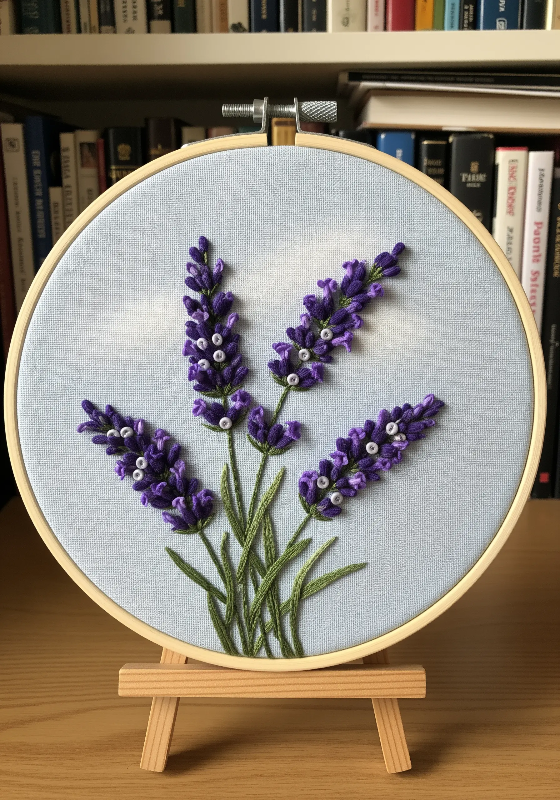 Dimensional lavender embroidery with raised bullion knots and small white beads.