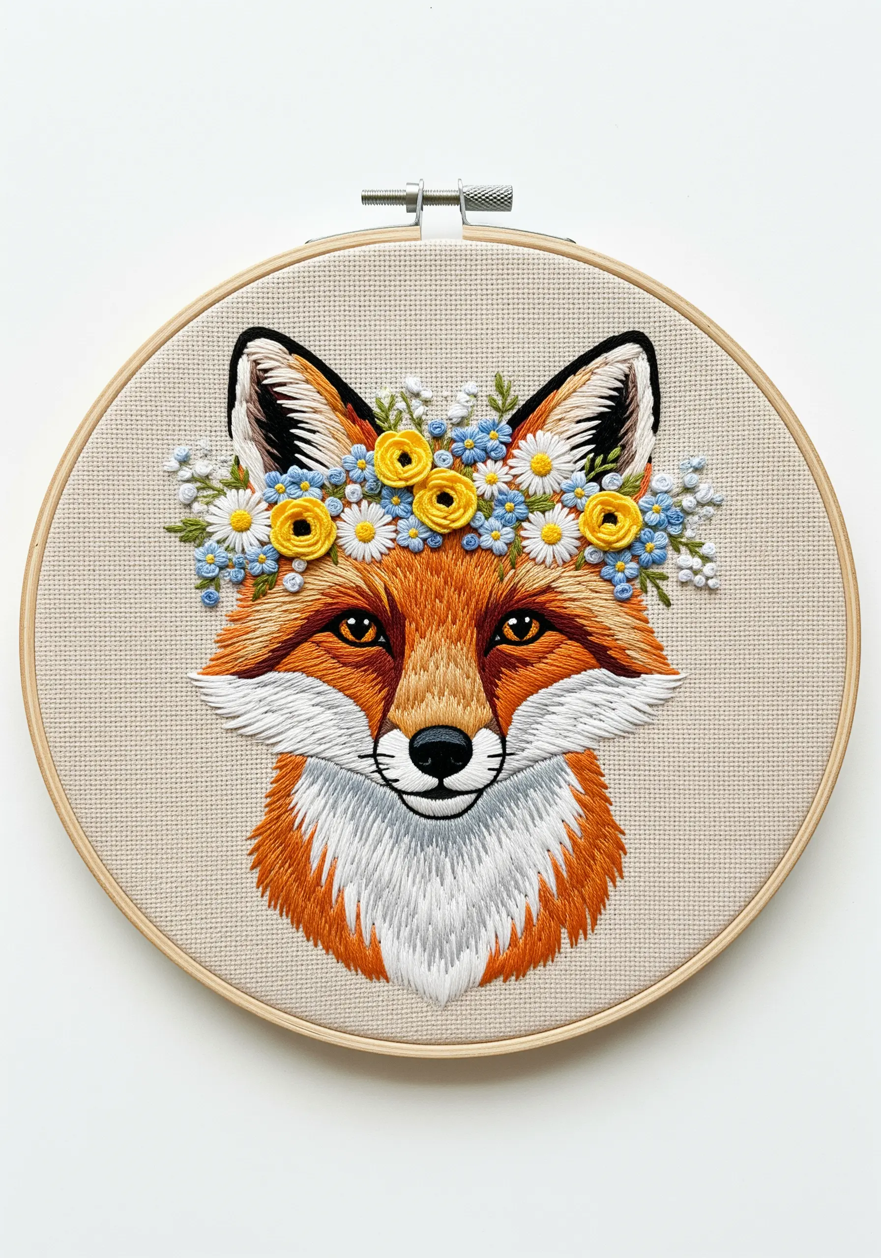 Thread-painted fox portrait wearing a dimensional crown of embroidered flowers