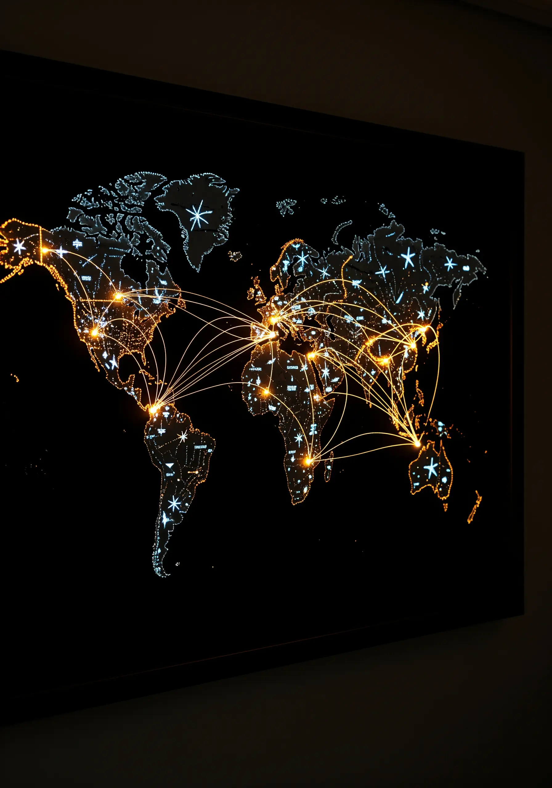 A large, backlit world map with glowing orange lines connecting various illuminated cities.