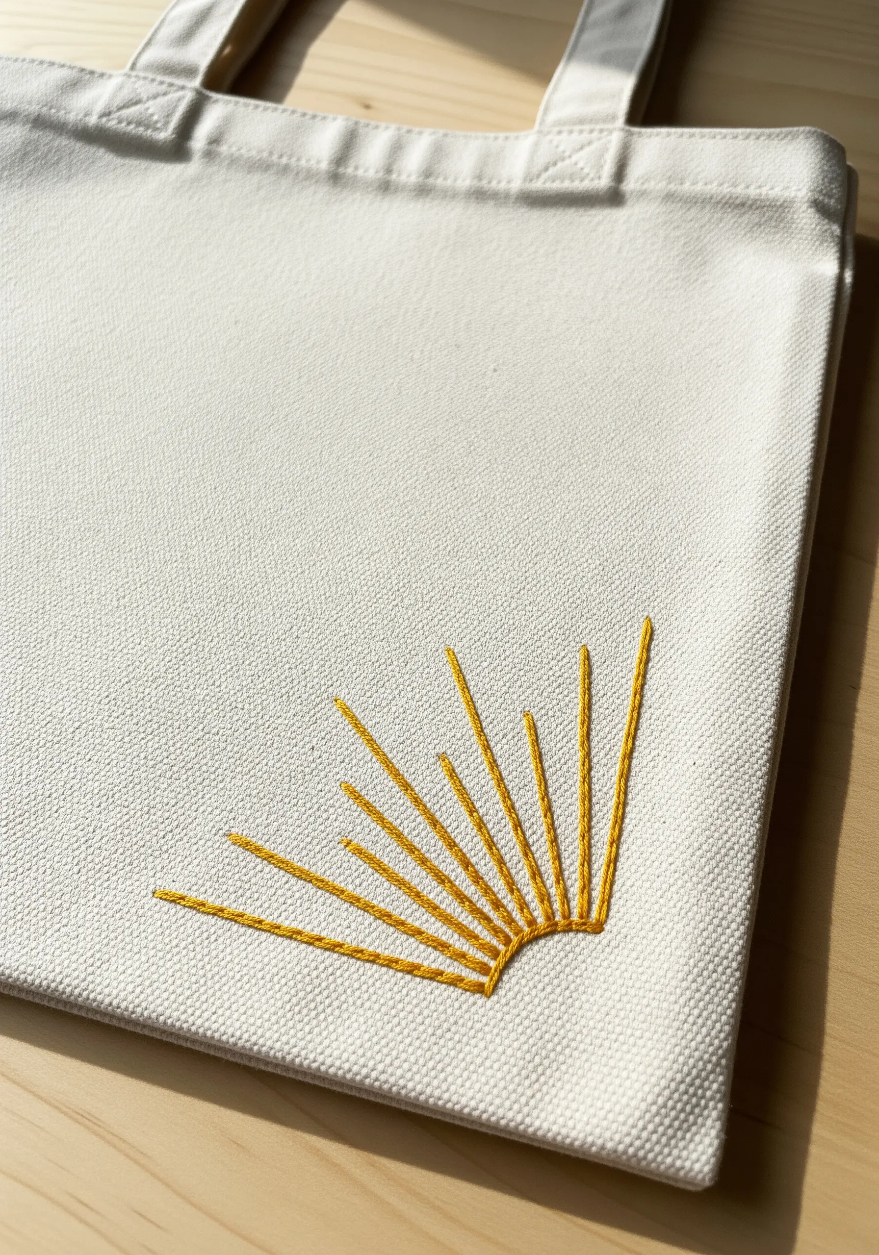 A minimalist sunburst embroidered with thick yellow thread on a canvas tote bag.
