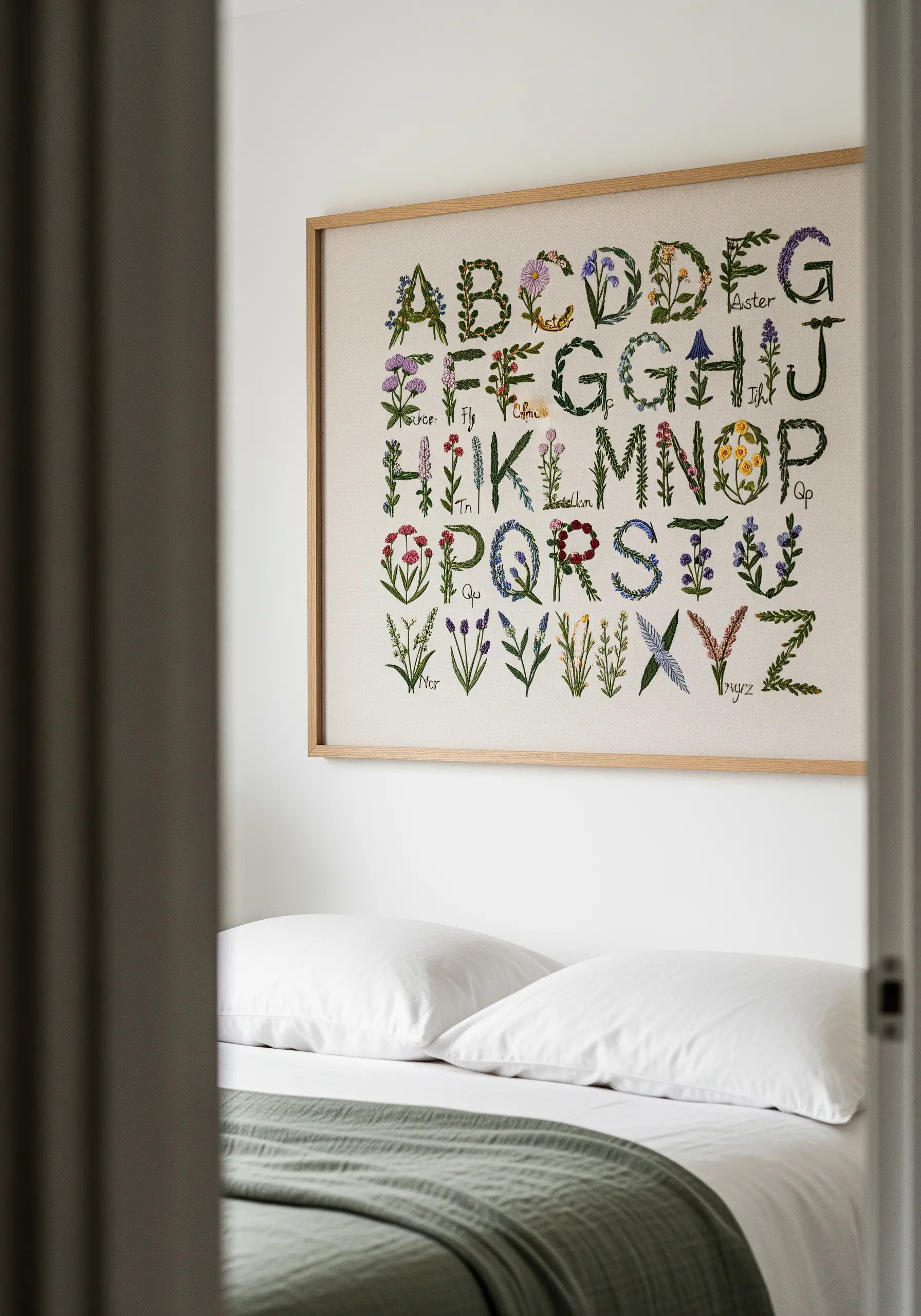 A large framed embroidery of the alphabet, with each letter formed by different flowers and leaves.