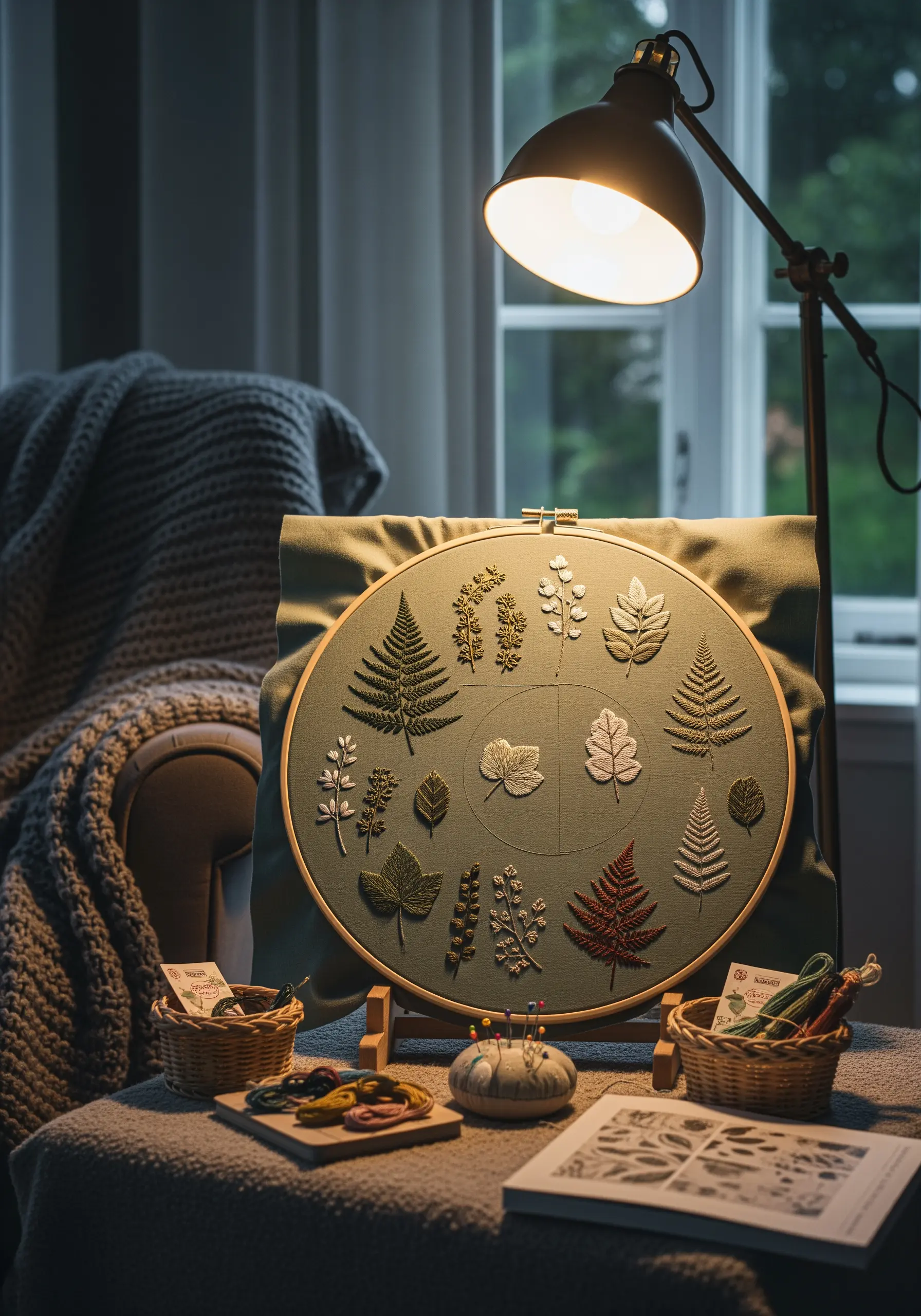 An embroidery hoop showcasing a sampler of various leaf and fern stitch techniques on sage green fabric.