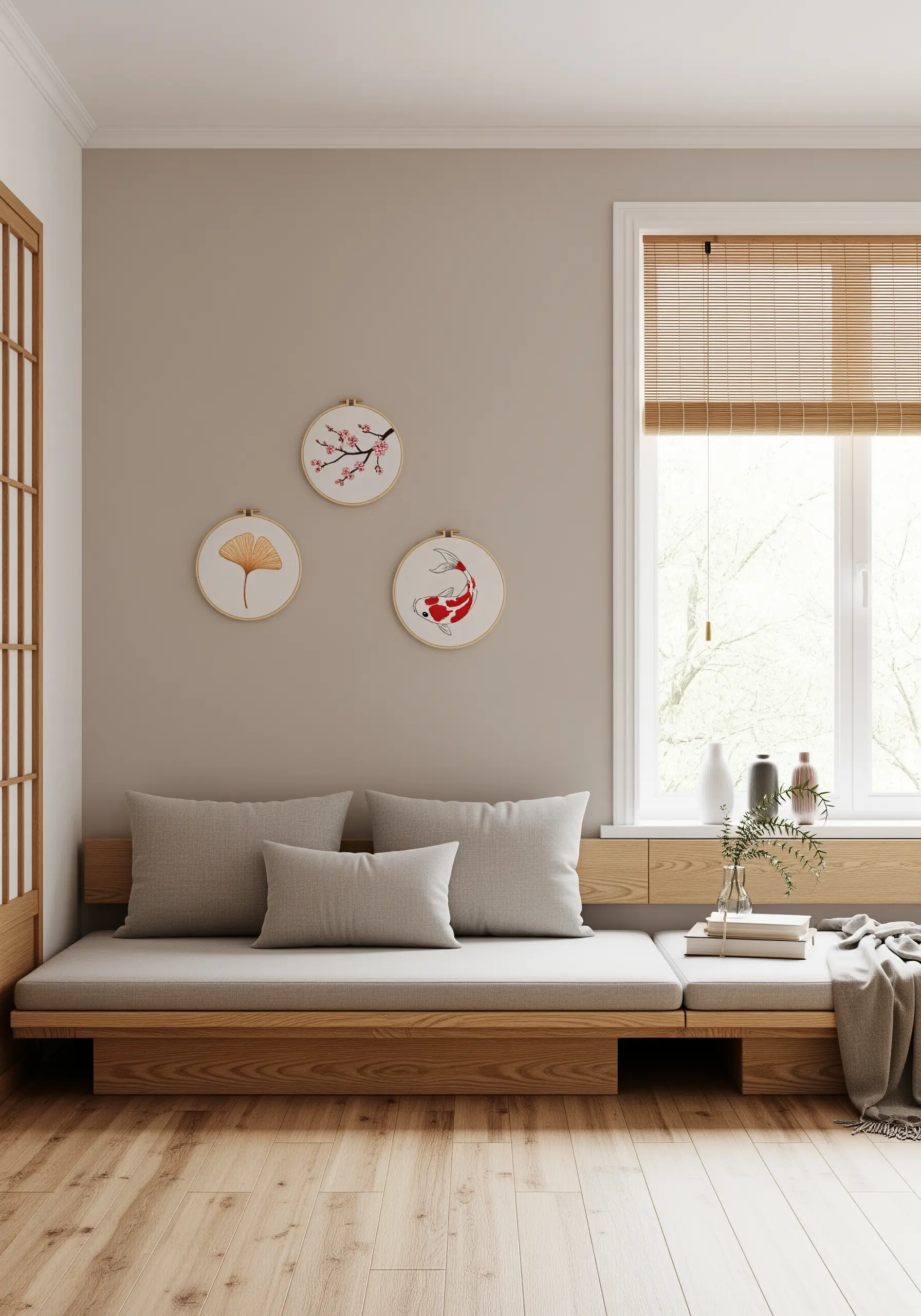 Three embroidery hoops with Japanese motifs: a koi fish, a ginkgo leaf, and cherry blossoms.