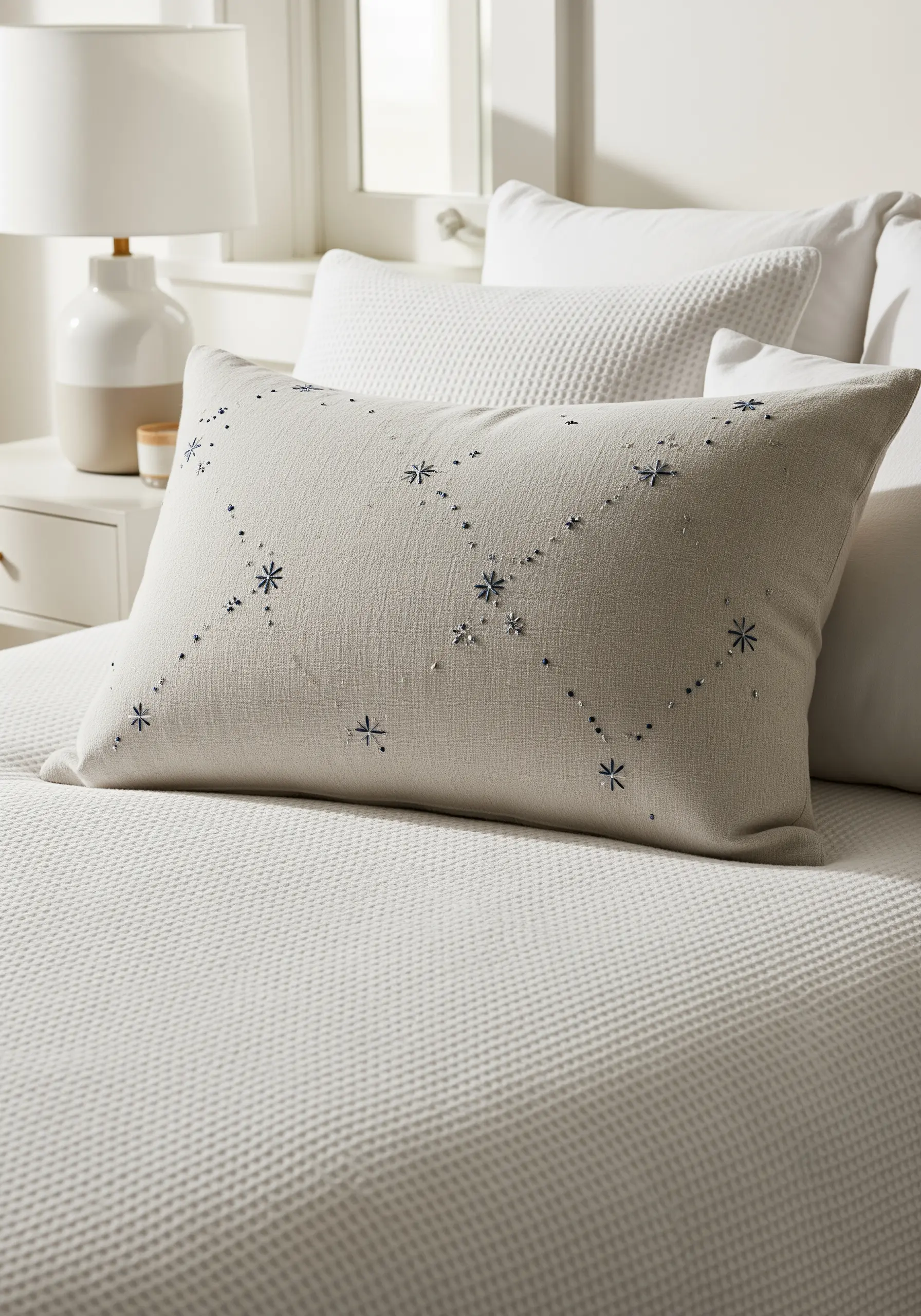 Minimalist embroidered pillow with a delicate grid of blue stitches and beaded starburst details.