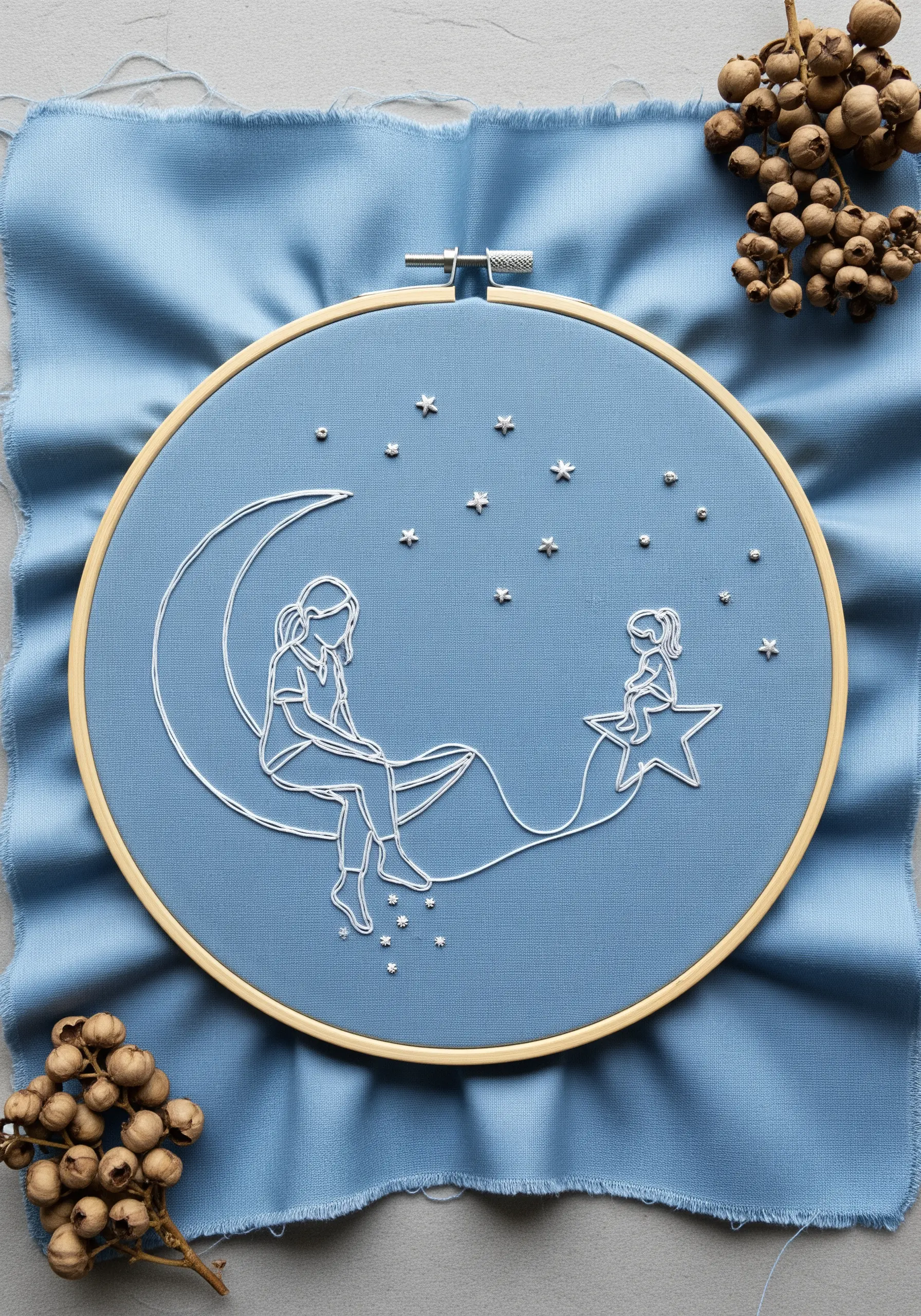 A mother and child sitting on a moon and star, stitched in white on blue fabric with French knot stars.