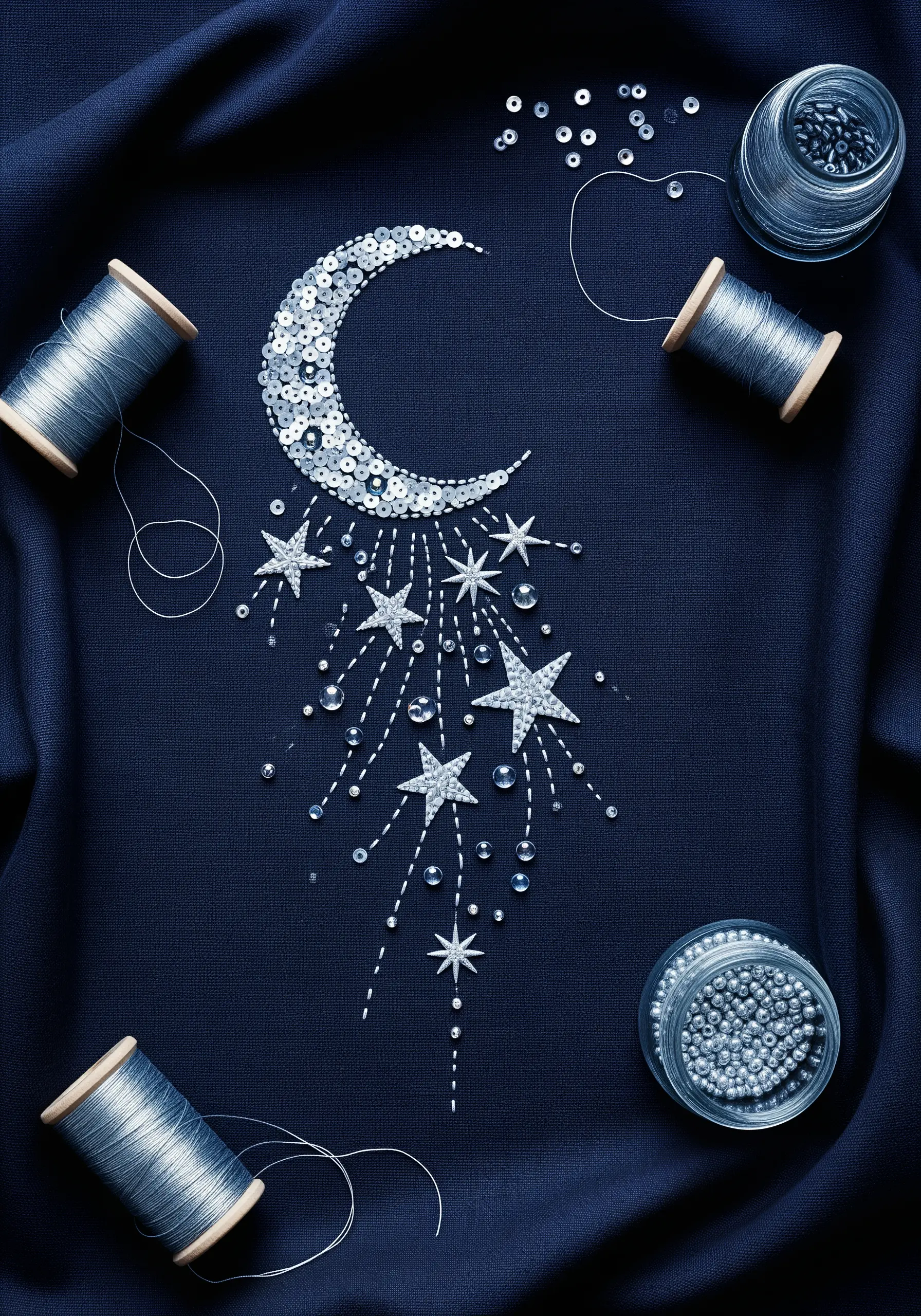A crescent moon made of silver sequins with beaded stars on a dark navy fabric.