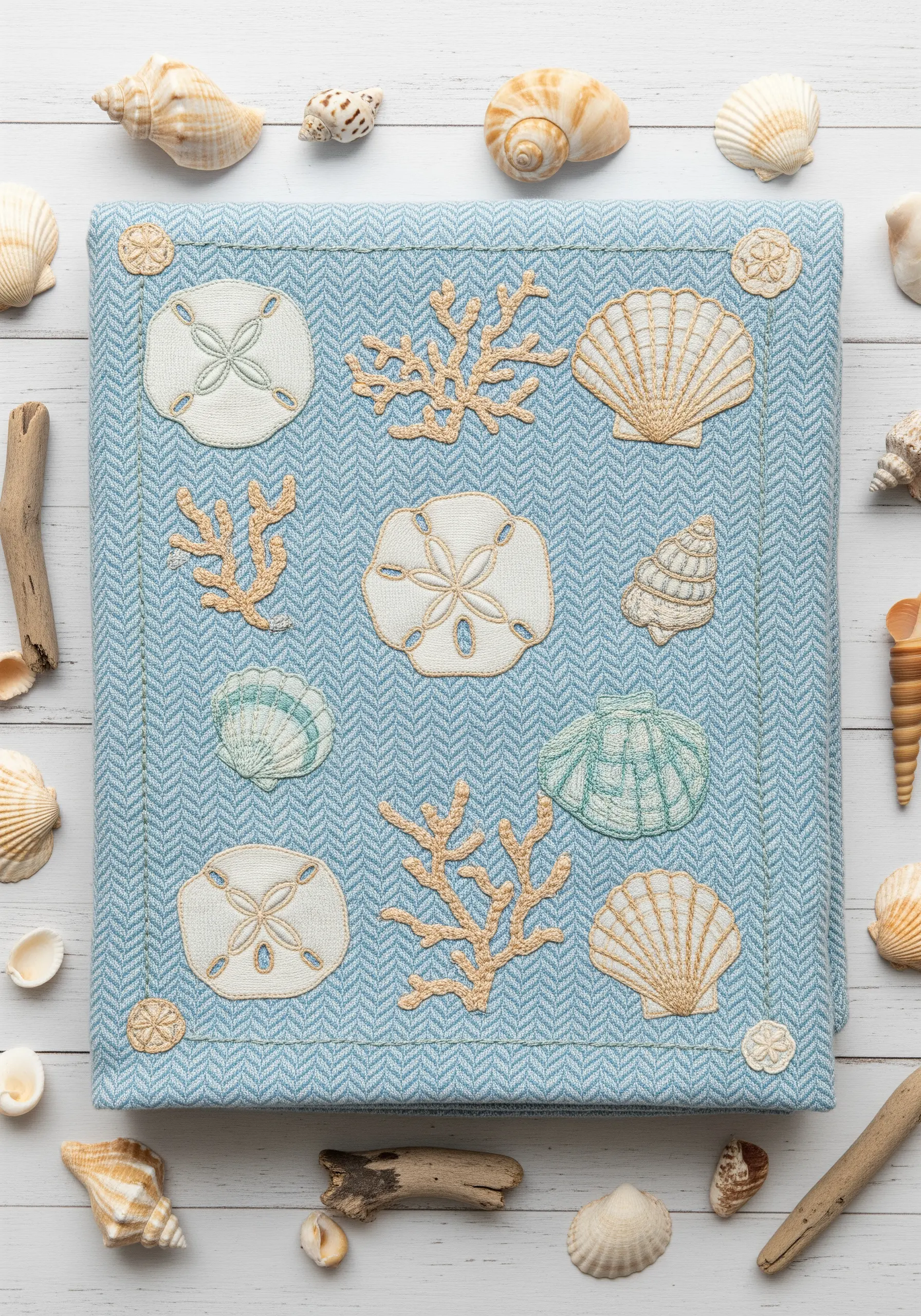 Appliqué and embroidered seashells, sand dollars, and coral on a light blue herringbone blanket.