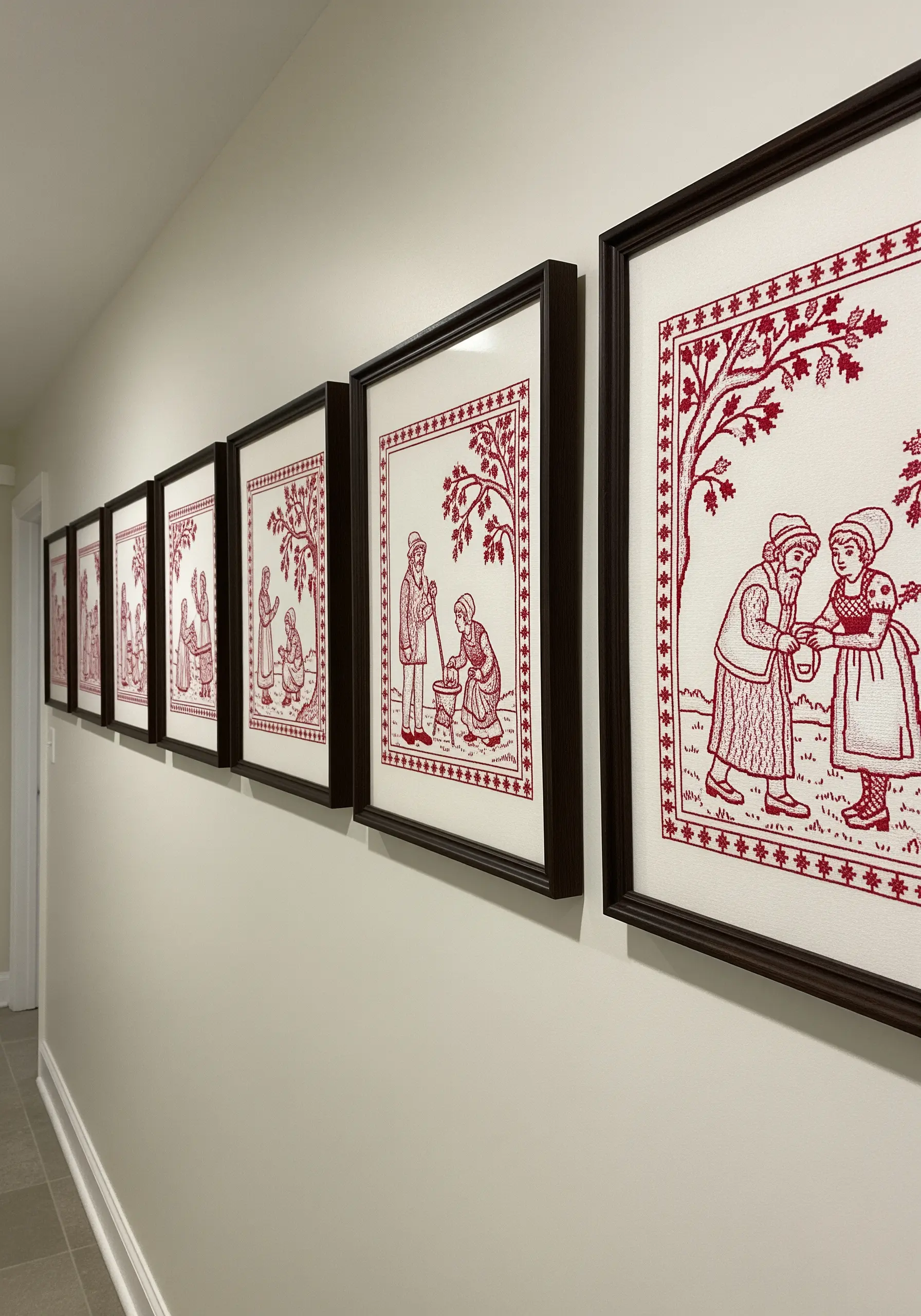 A hallway gallery wall featuring a series of framed Redwork embroidery pieces.
