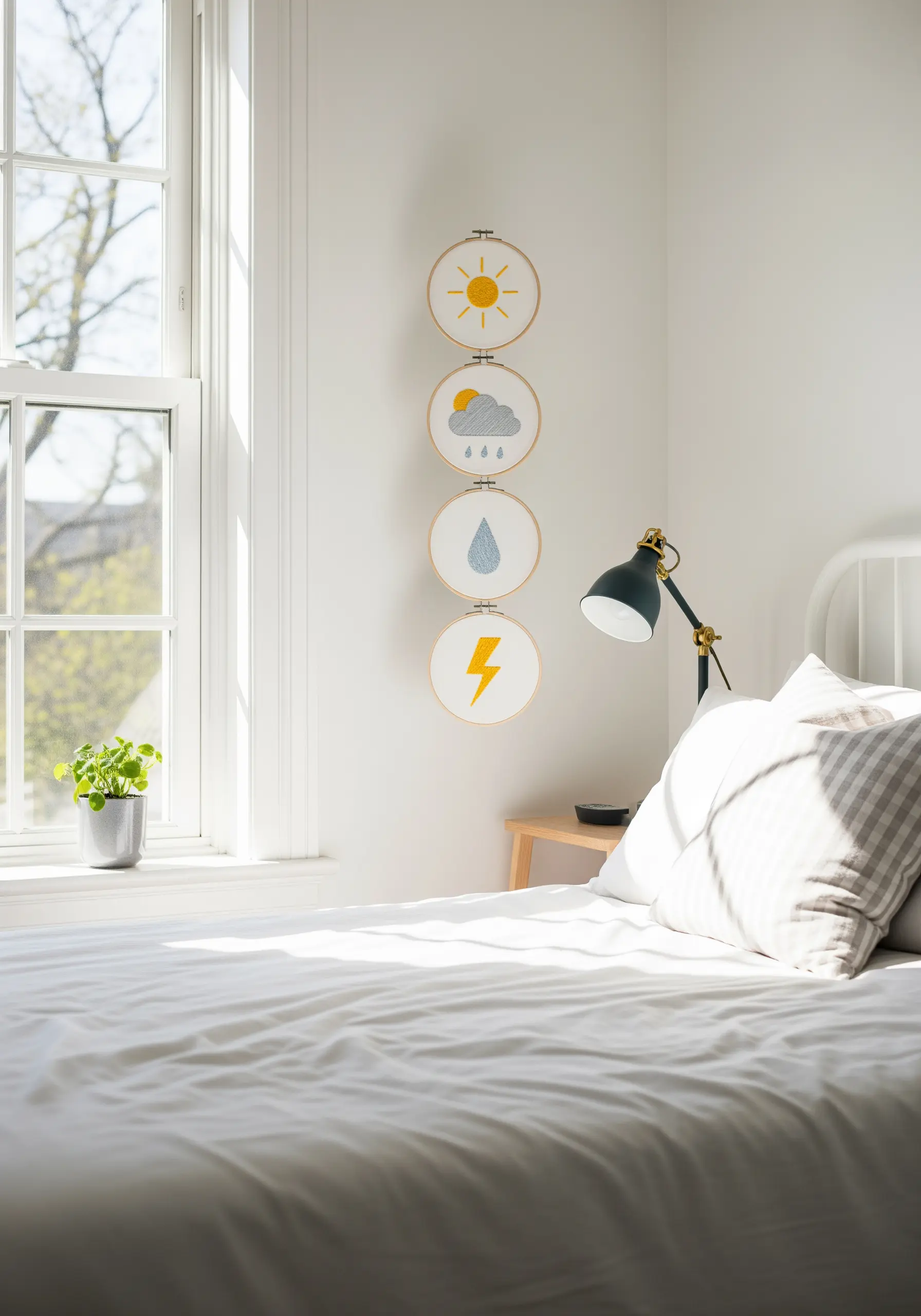 Four small embroidery hoops stacked vertically, each with a simple weather icon: sun, cloud, raindrop, lightning.
