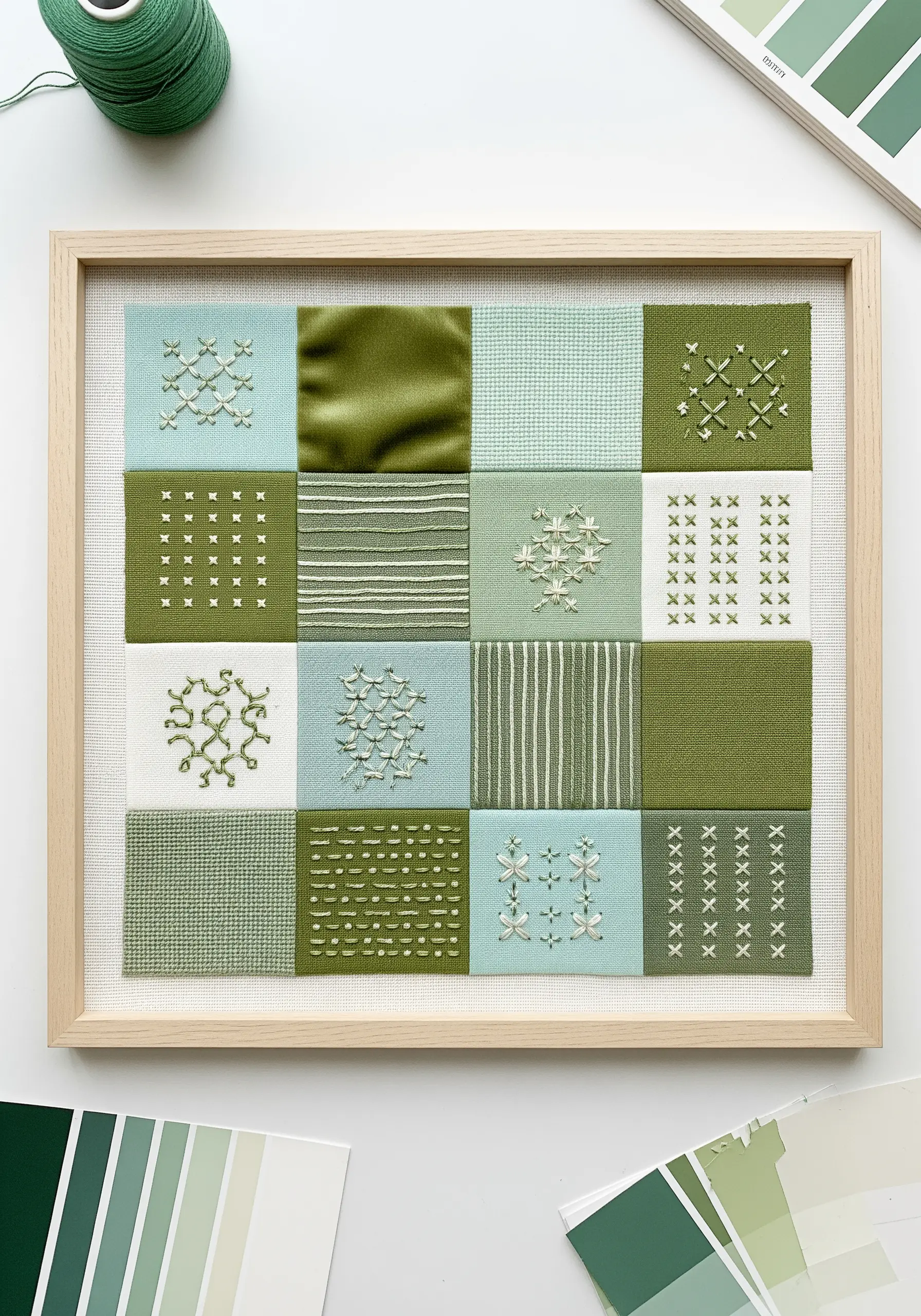 A framed fabric sampler with squares of green and aqua fabrics featuring different stitches.
