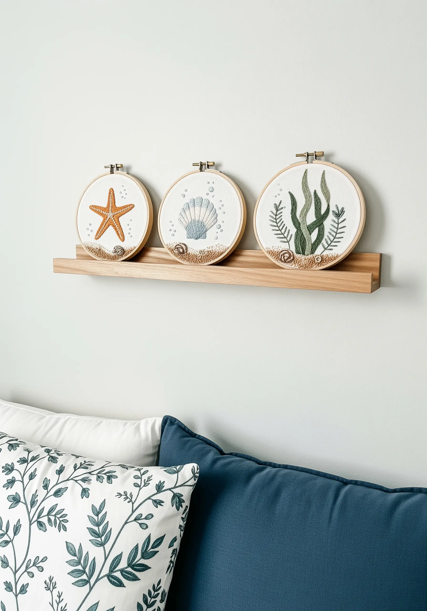Three embroidery hoops with coastal motifs: starfish, shell, and seaweed.