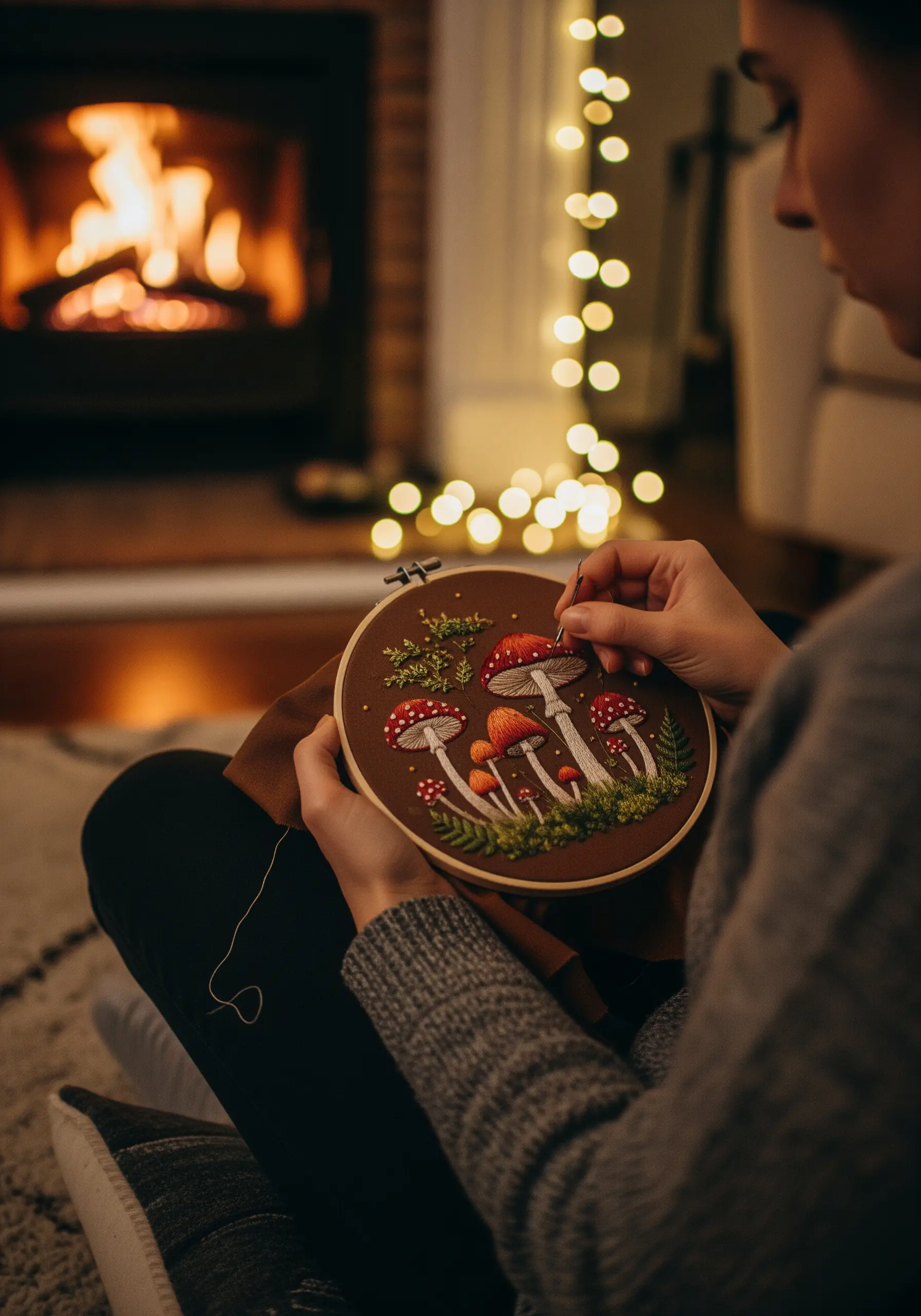 A detailed embroidery of various mushrooms on a dark fabric, stitched by a fireplace.