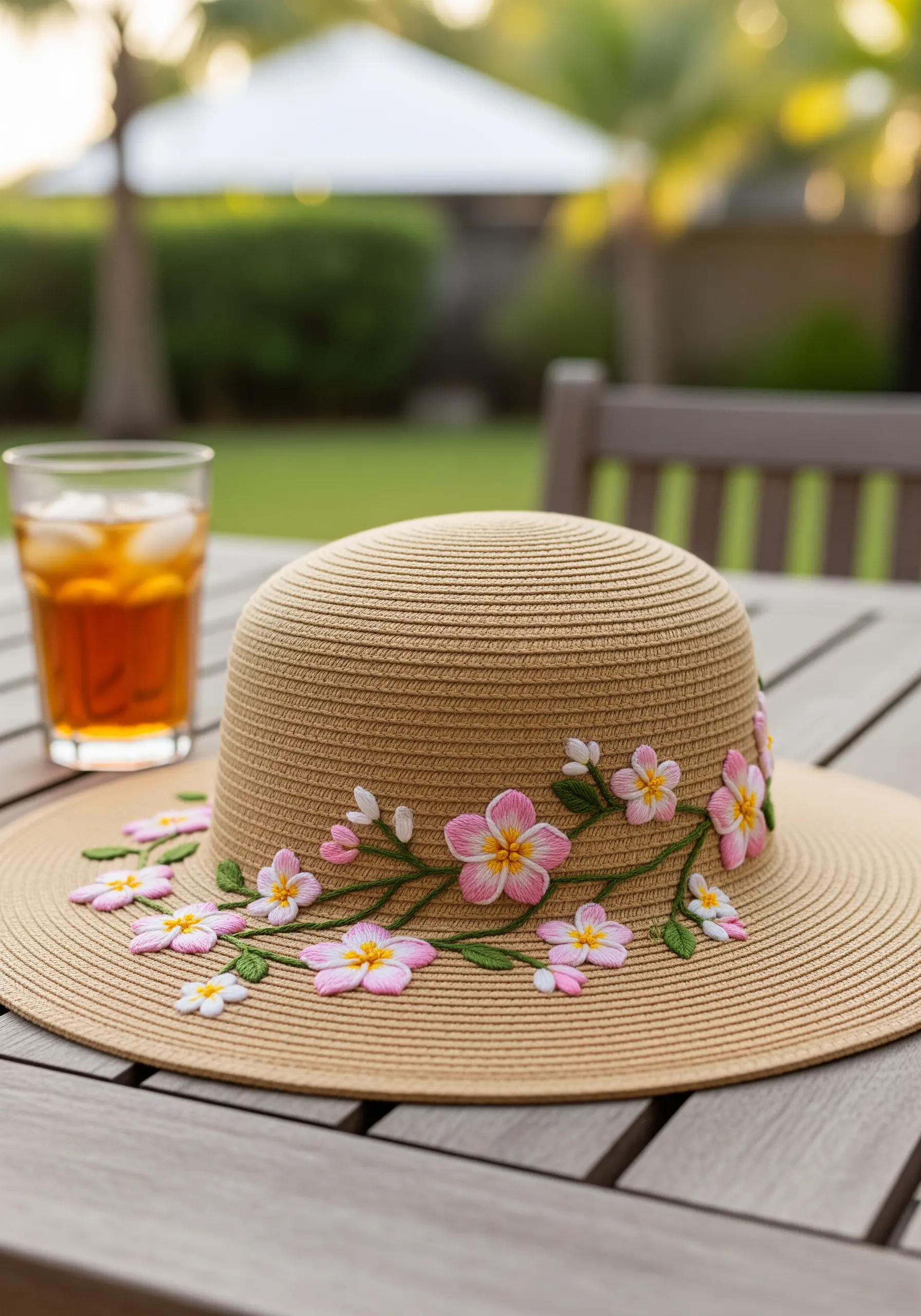 Embroidered pink cherry blossoms and green vines wrapped around the crown of a straw hat.