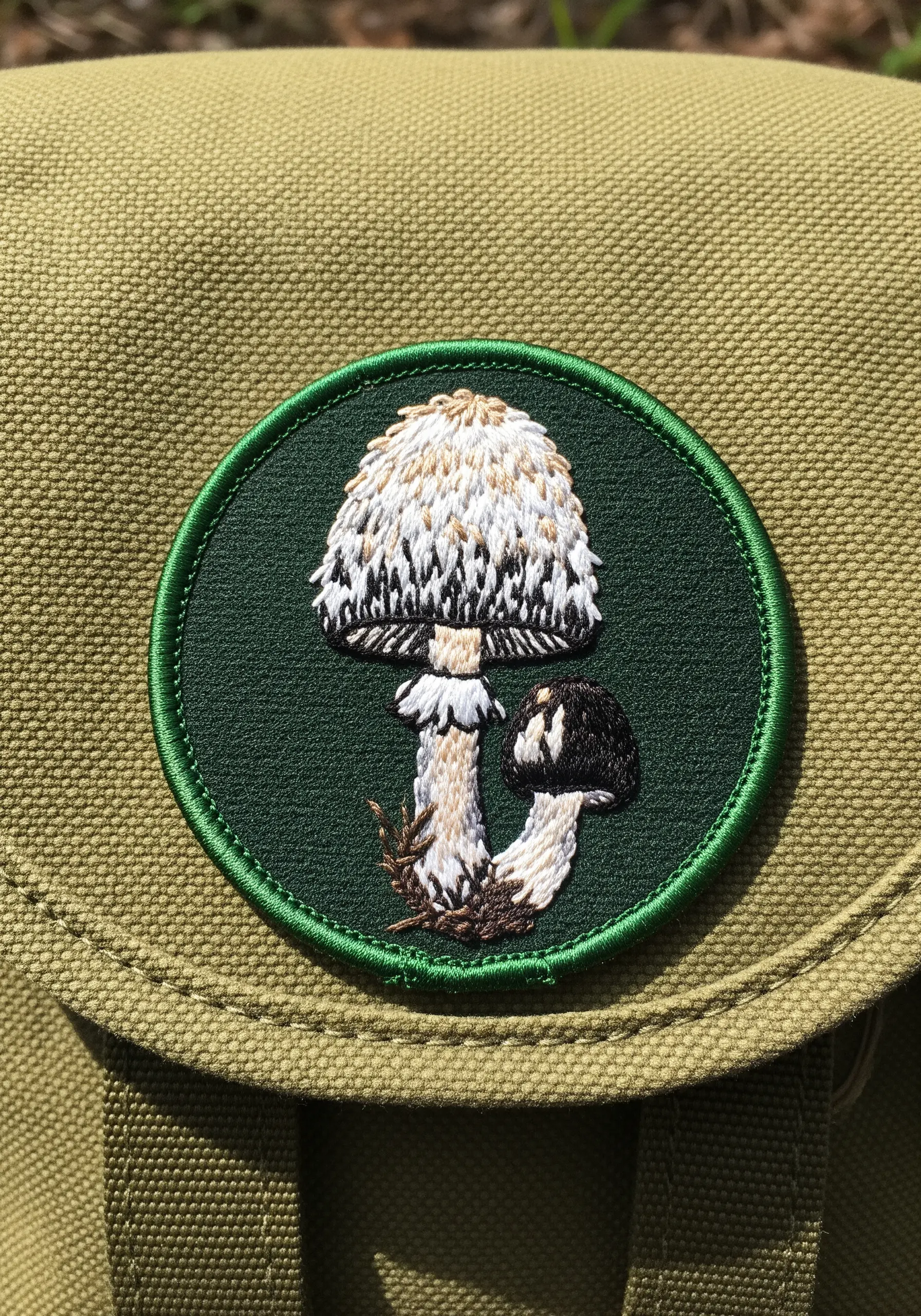 A finished, circular embroidered patch of a shaggy mane mushroom on a backpack.