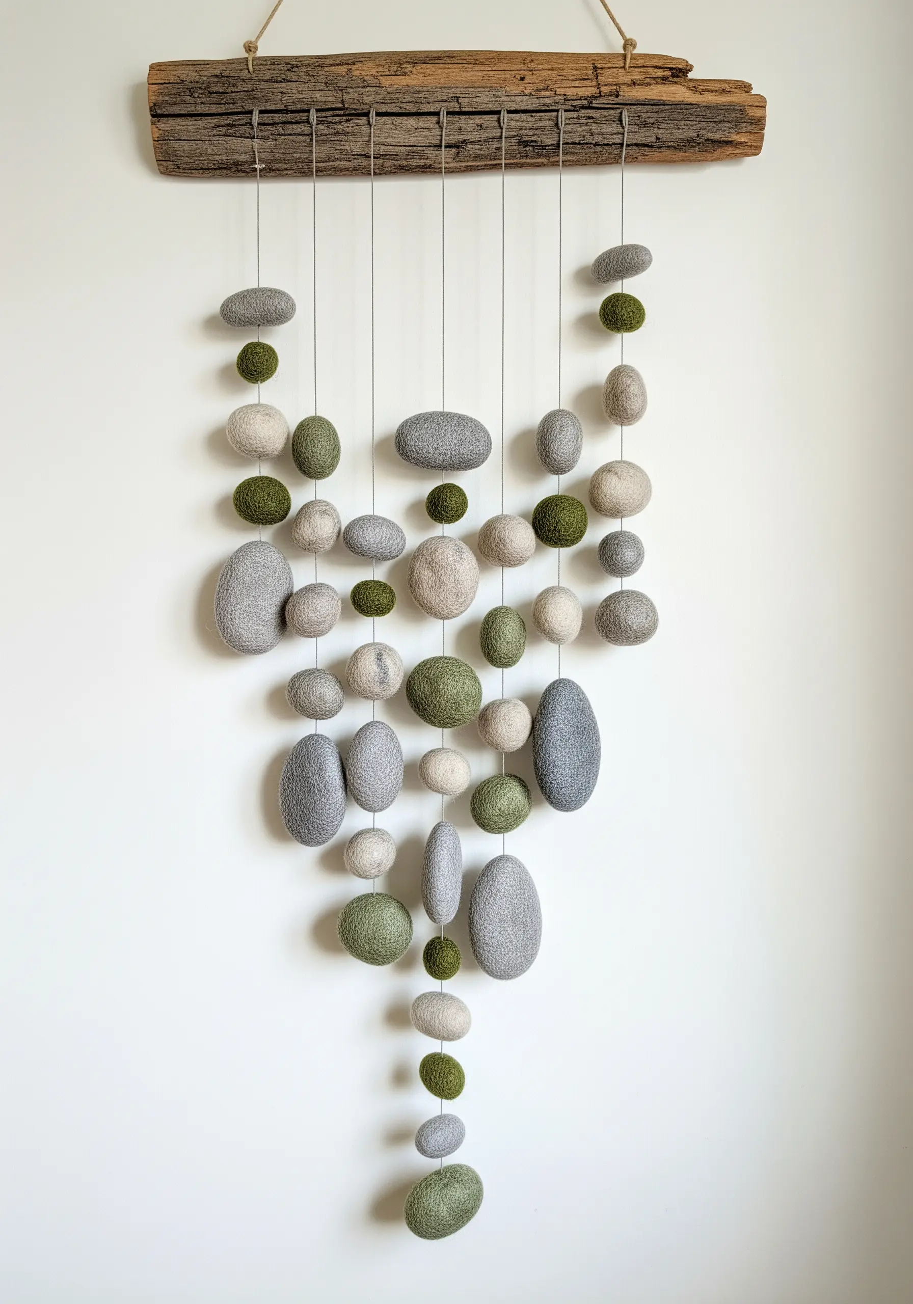 A wall mobile made of felted stones in green and grey hues hanging from driftwood.