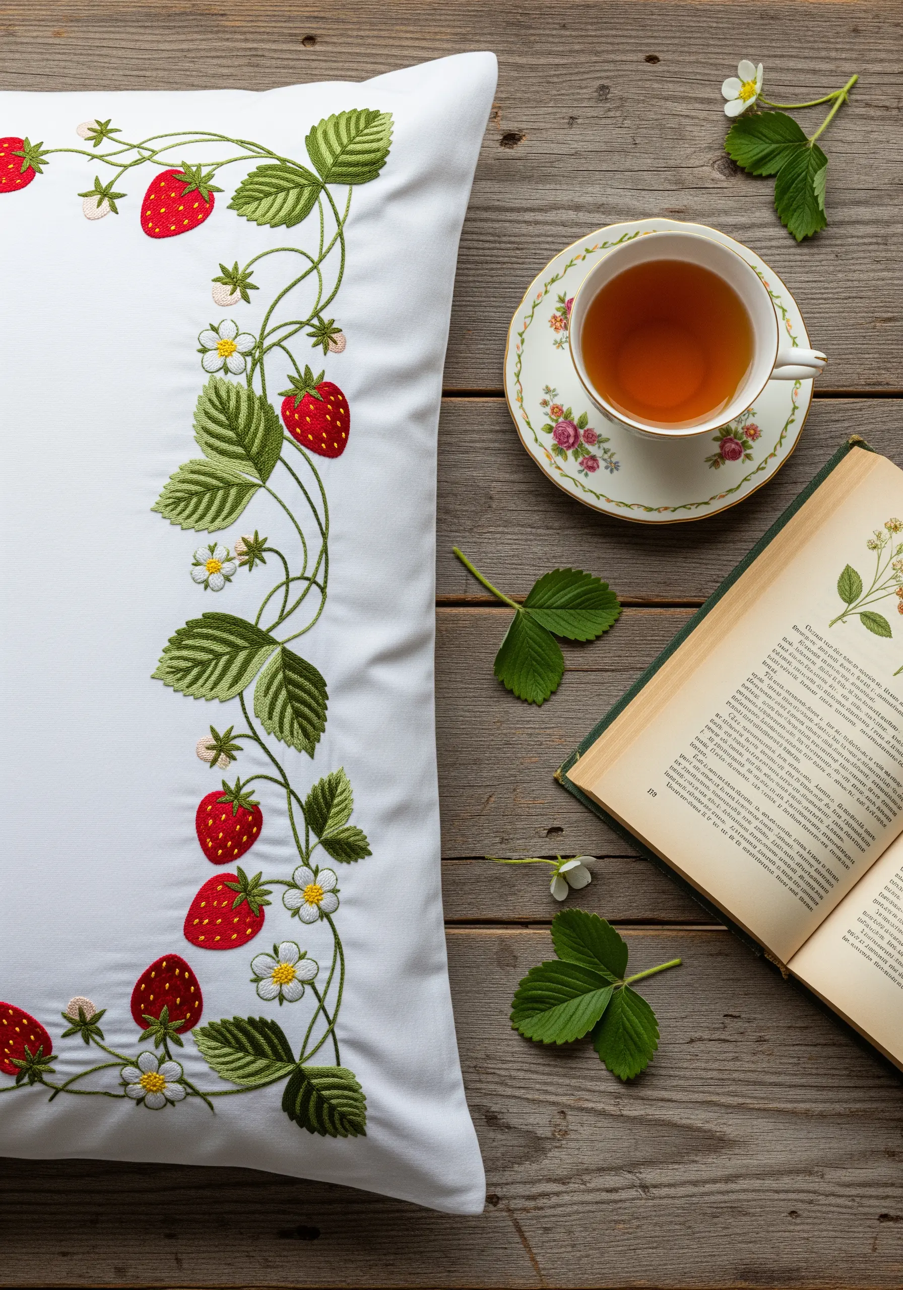 A detailed embroidered border of strawberries, leaves, and white flowers on a pillow.