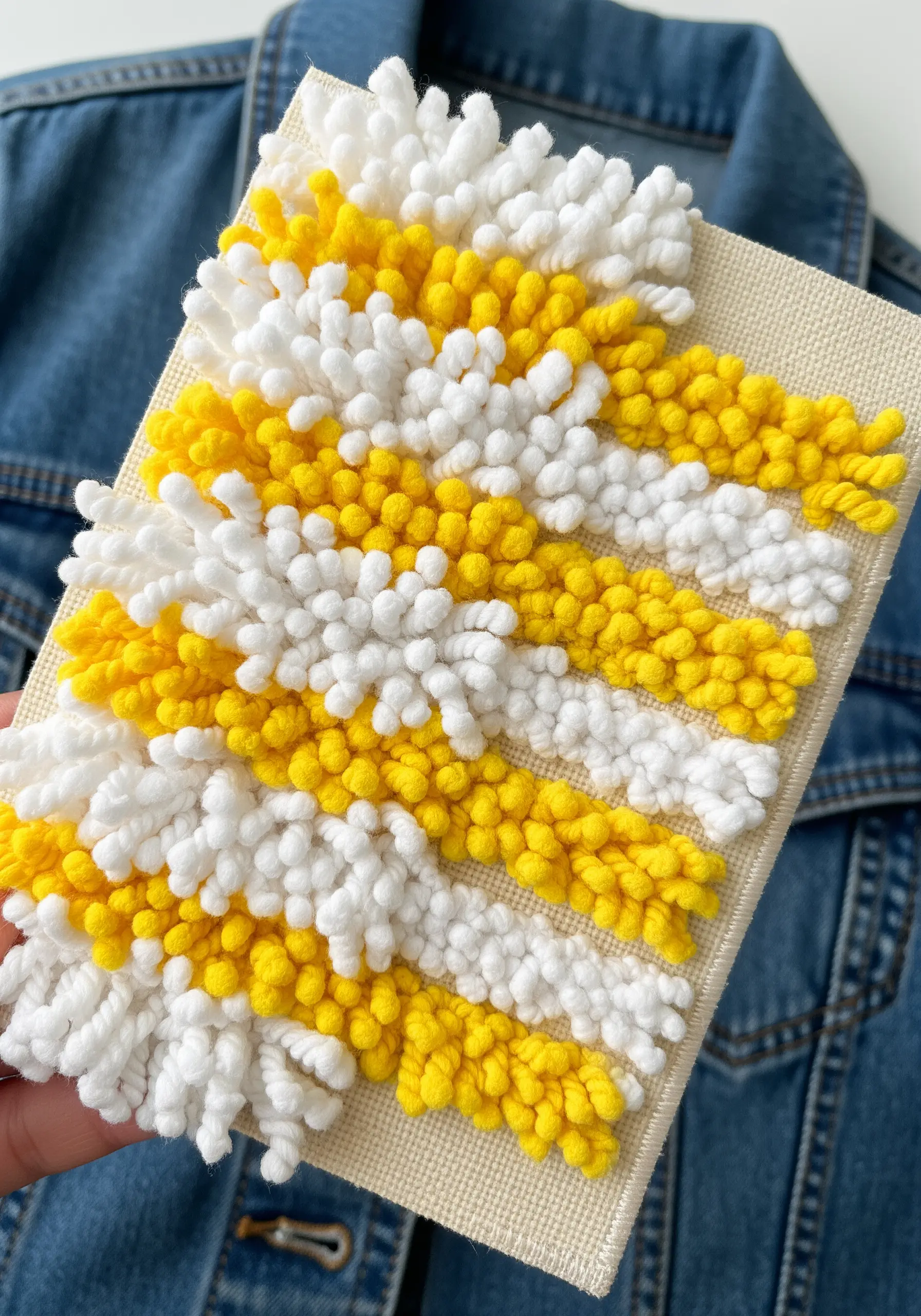 A close-up of a patch with a shaggy, high-pile texture made from white and yellow yarn.