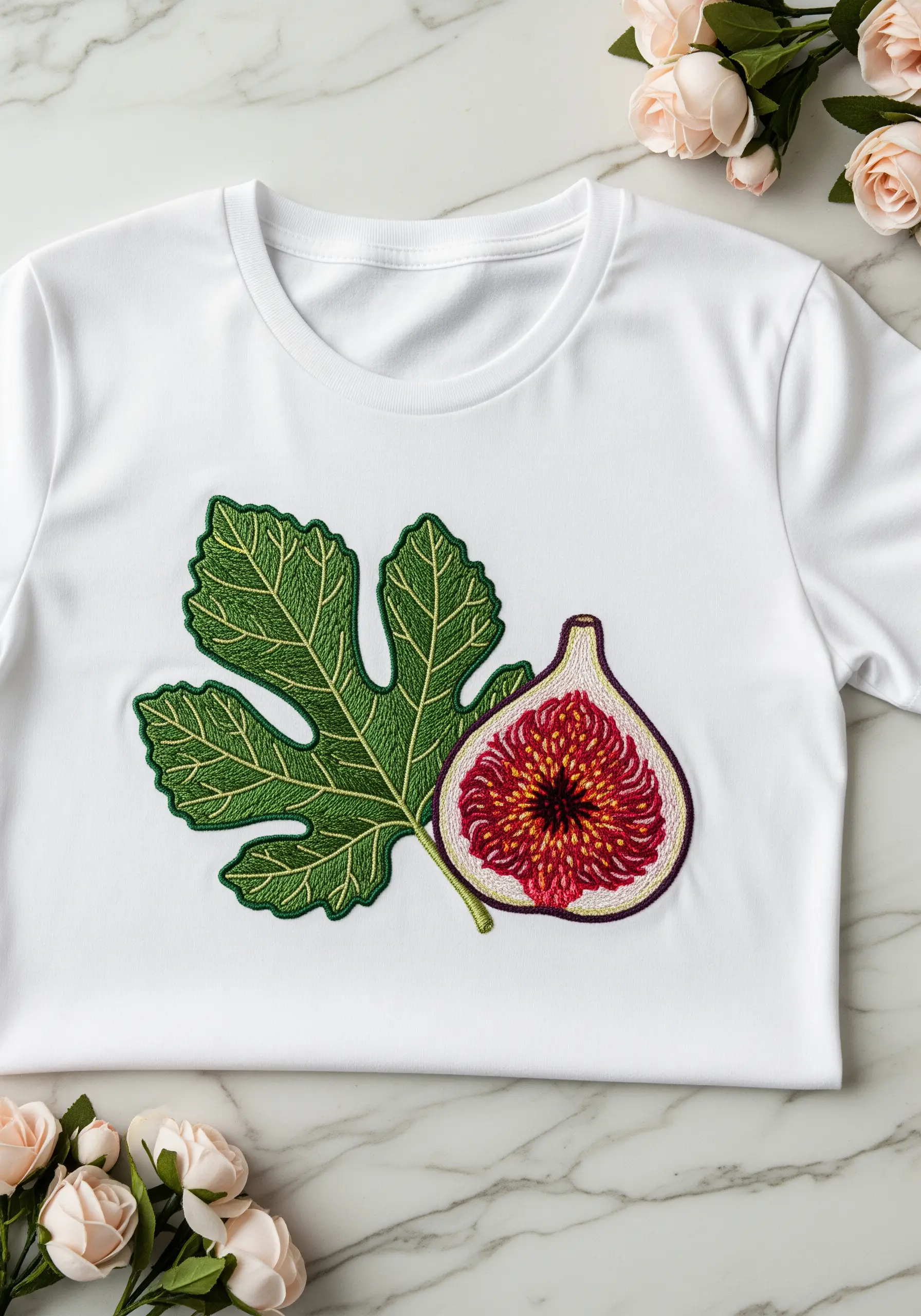 A realistic embroidered fig leaf and a sliced fig with detailed interior.