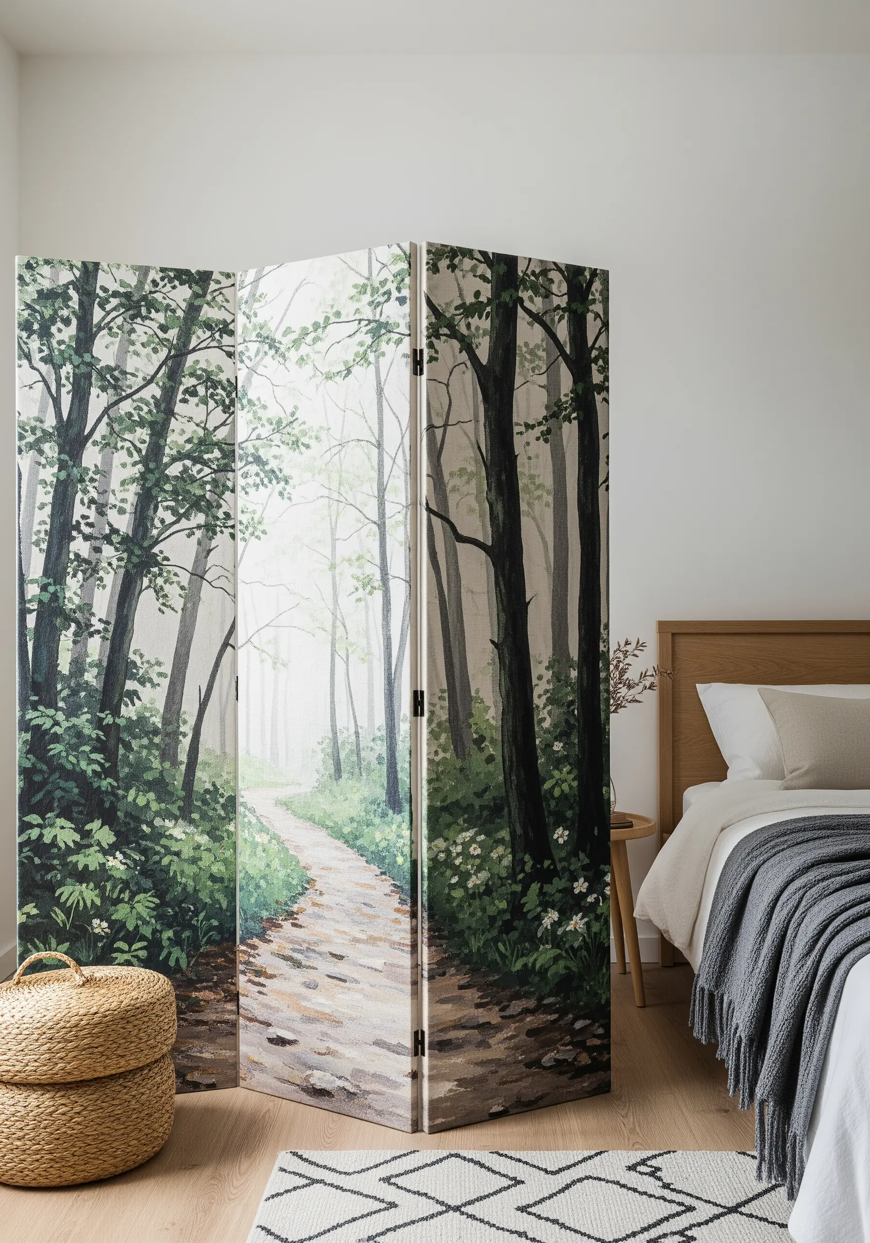 A folding room divider with each panel embroidered to create a continuous forest path scene.