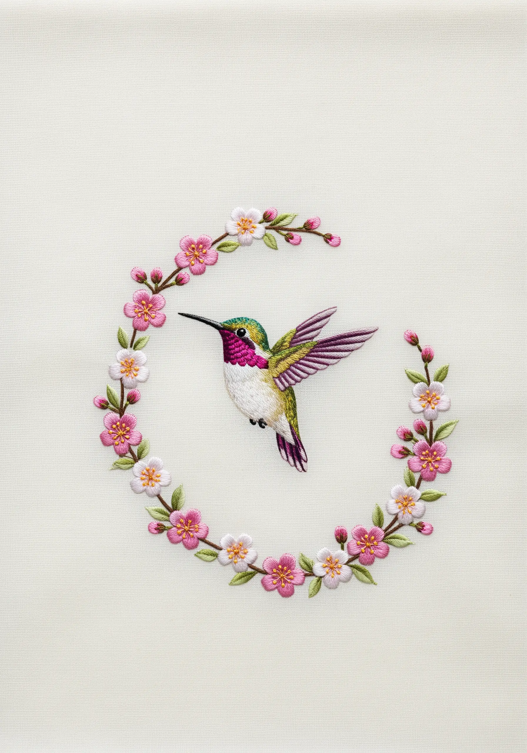 A hummingbird embroidered inside a crescent-shaped wreath of cherry blossoms.