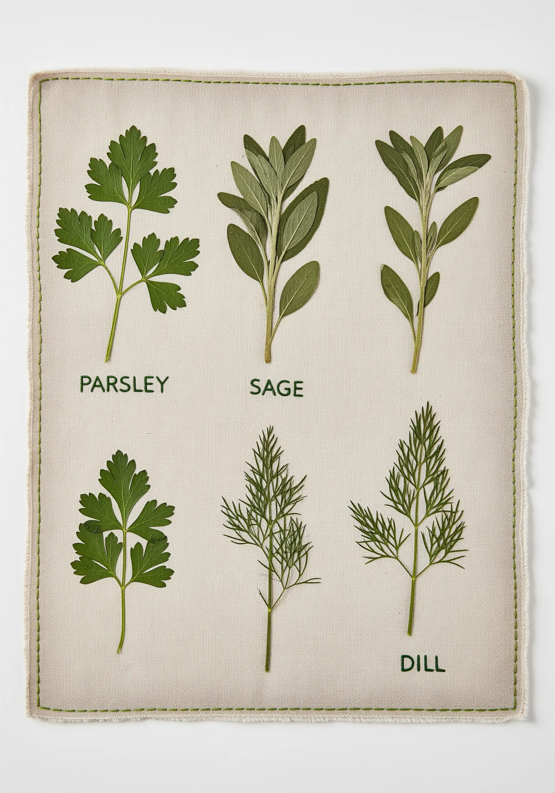 A linen sampler featuring real pressed parsley, sage, and dill with their names embroidered below.