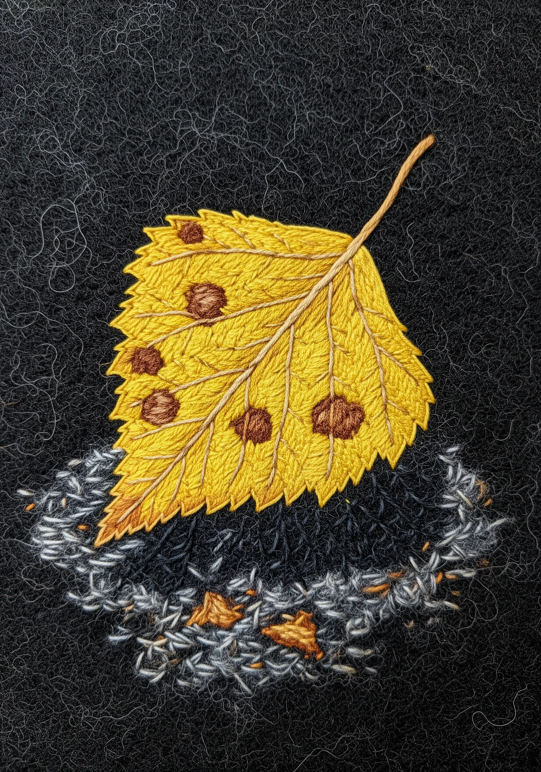 A yellow birch leaf embroidered on fuzzy gray felt with a light, scattered-stitch shadow.
