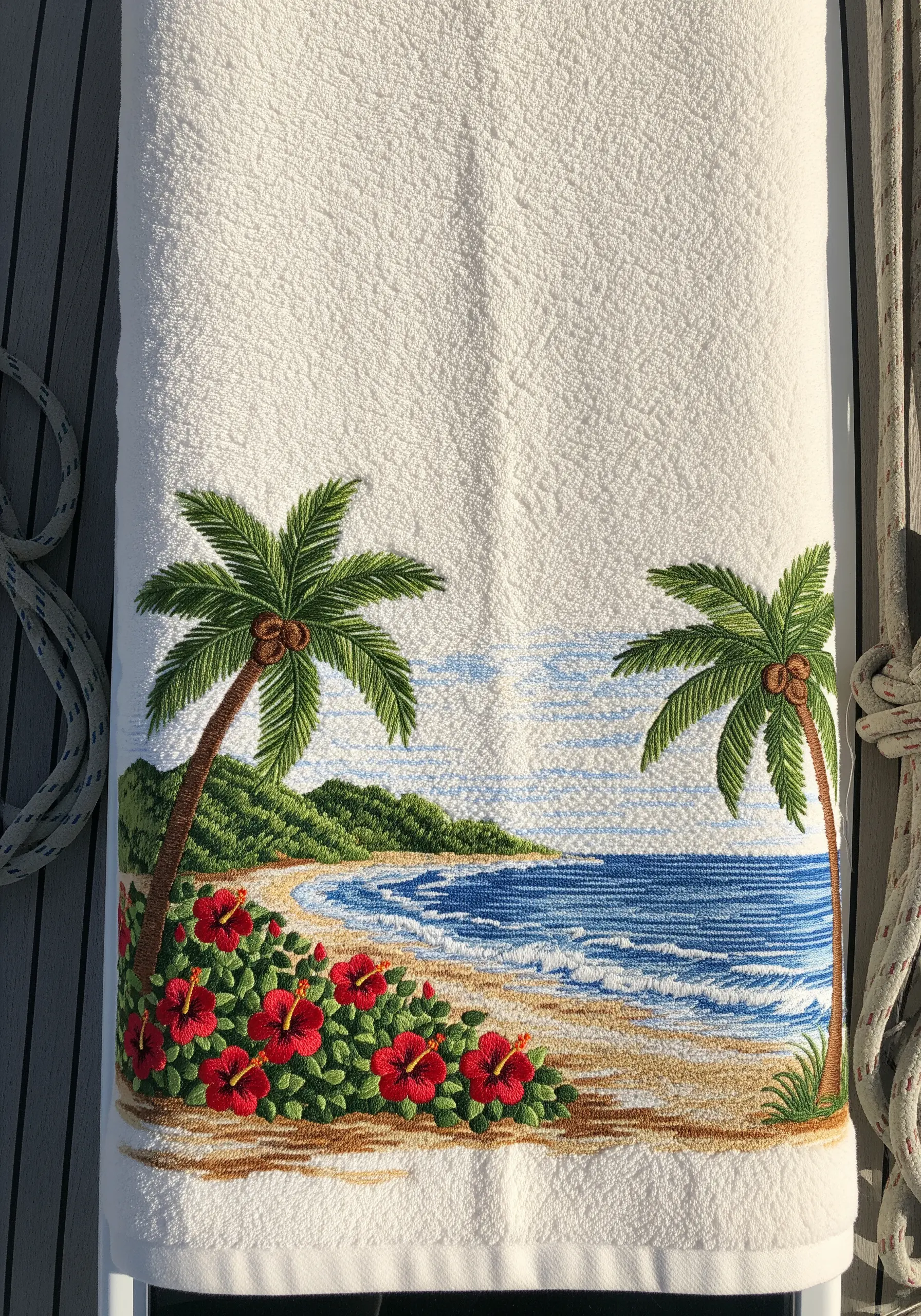 A full embroidered beach scene with palm trees, hibiscus, and ocean on a white towel.