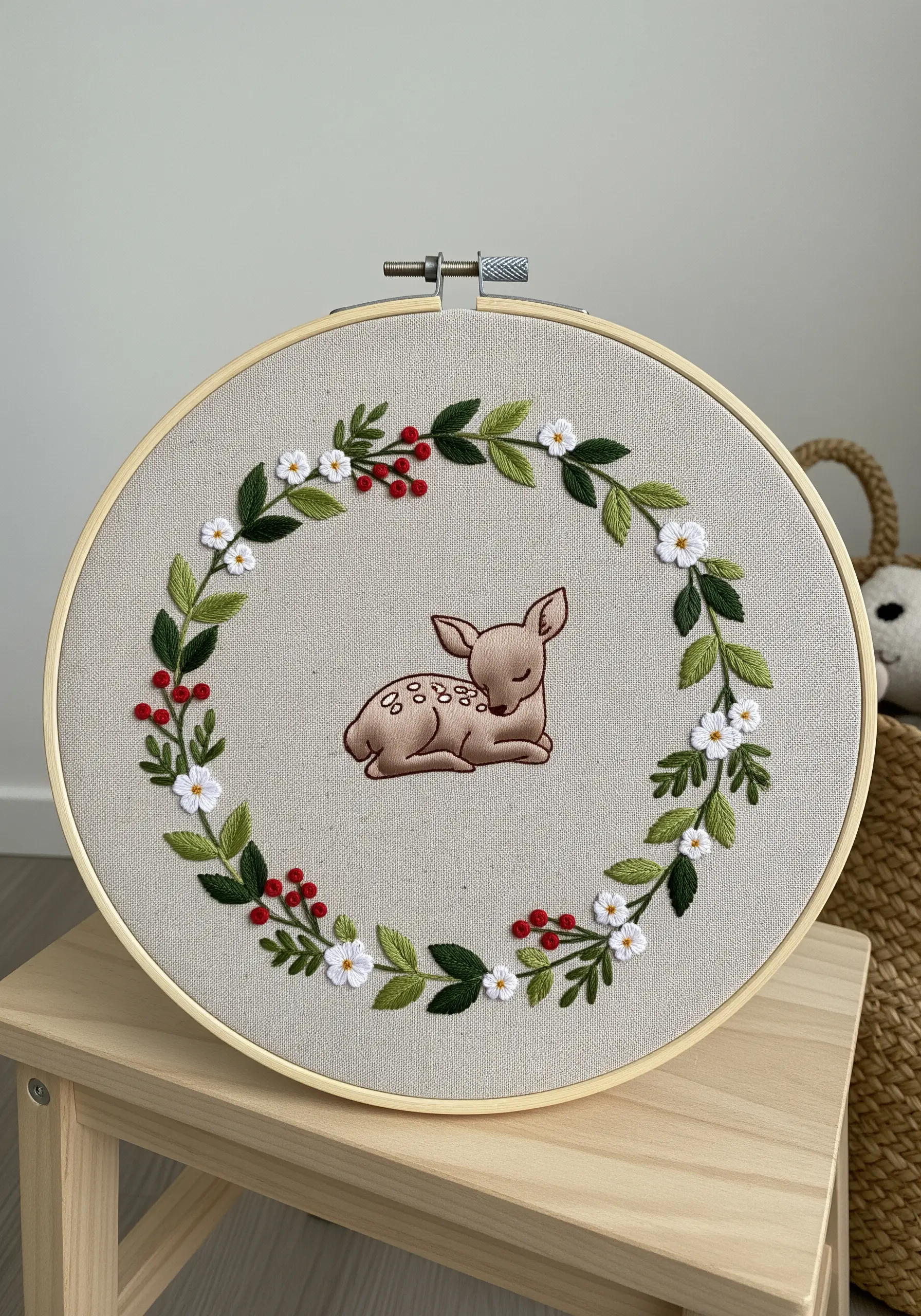 A sleeping fawn embroidered in the center of a festive wreath with red berries.
