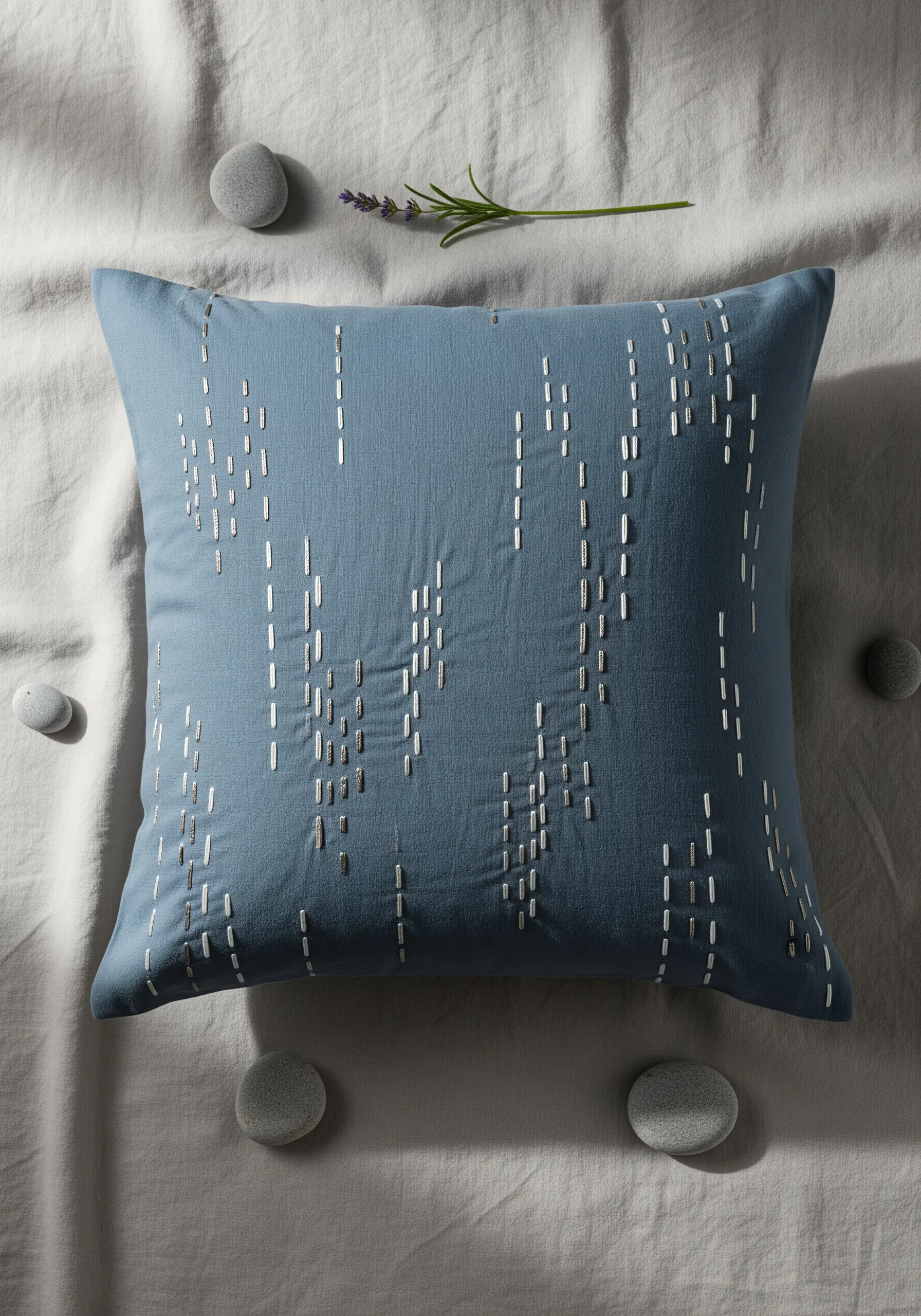 A blue pillow decorated with vertical columns of short, scattered white seed stitches.