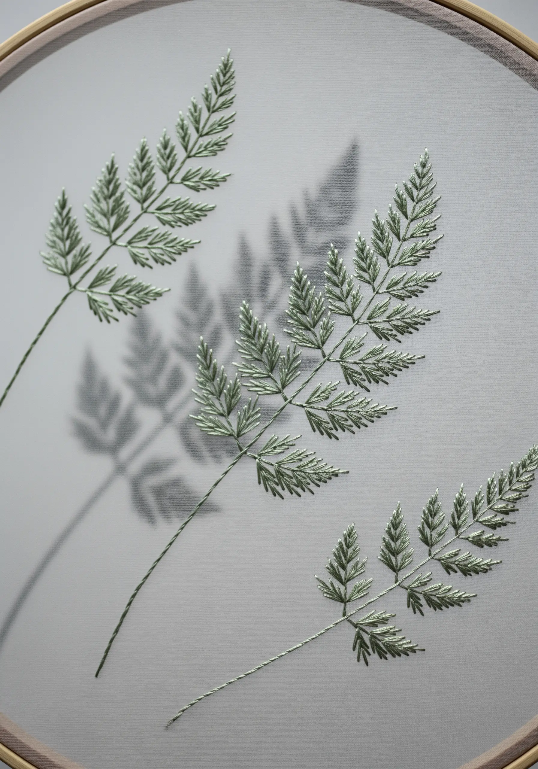 Delicate fern embroidery on sheer tulle, with the back of the stitching visible as a shadow.