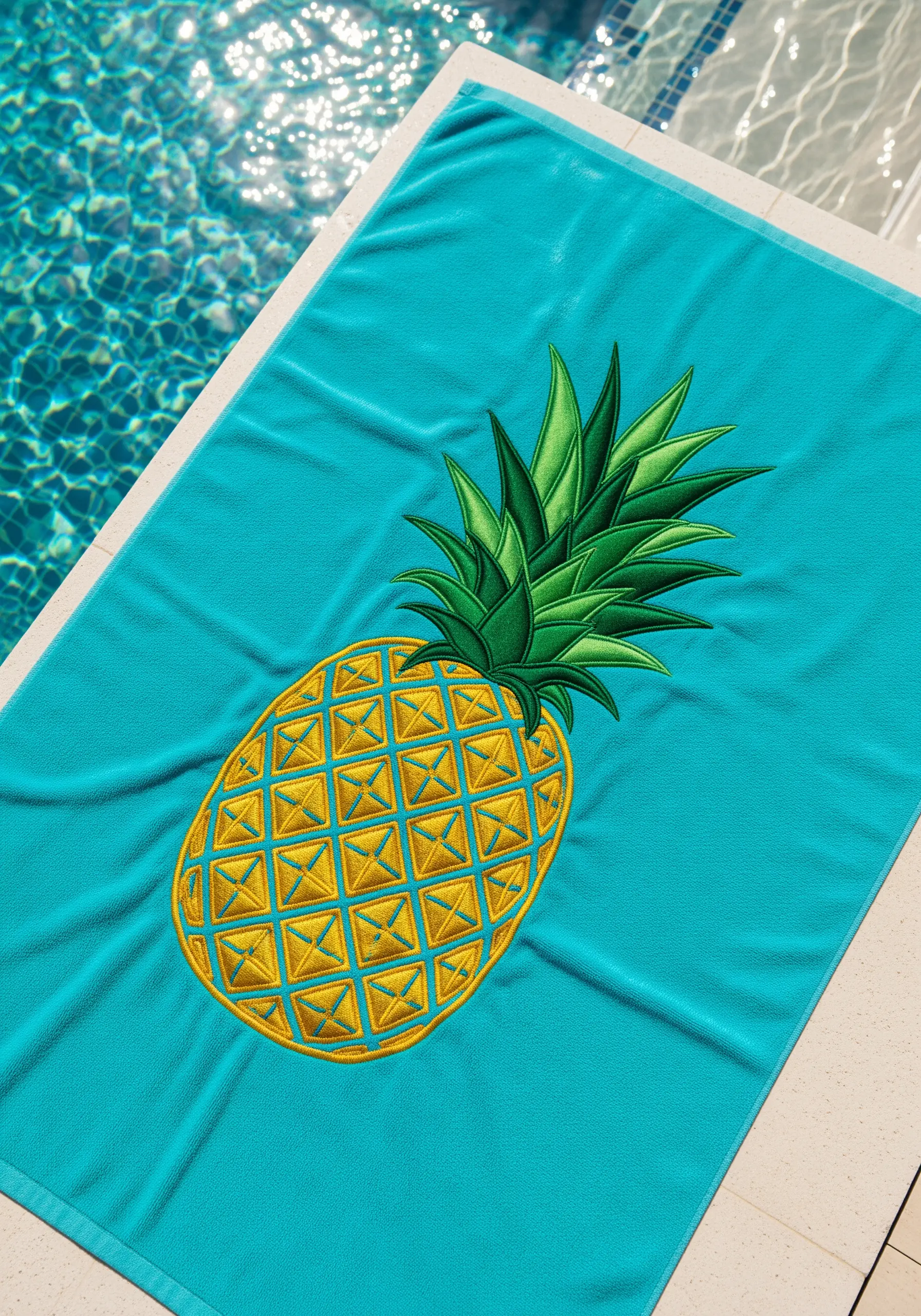 A stylized golden pineapple with a green crown embroidered on a bright turquoise beach towel.
