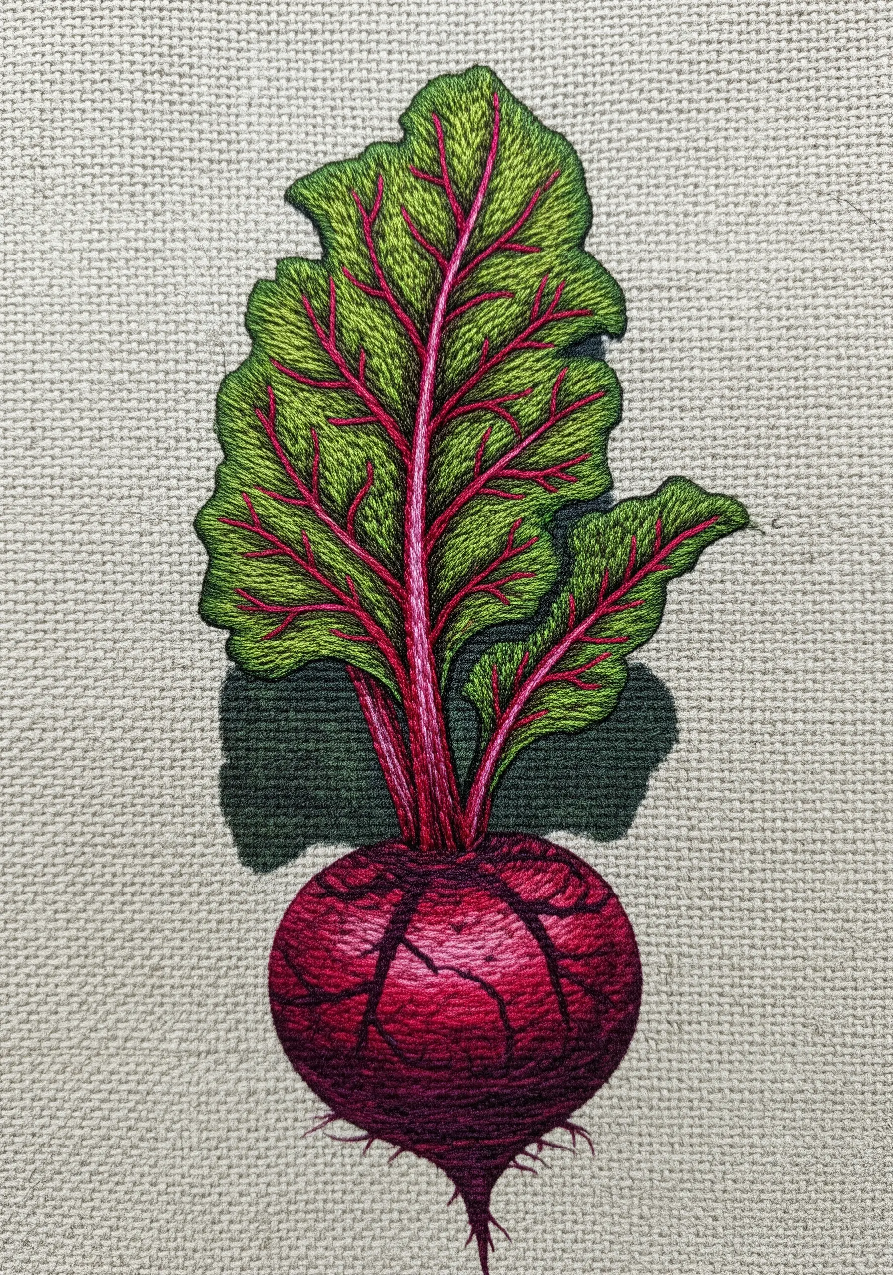 An embroidered beetroot with a soft, dark green shadow anchoring it to the fabric.
