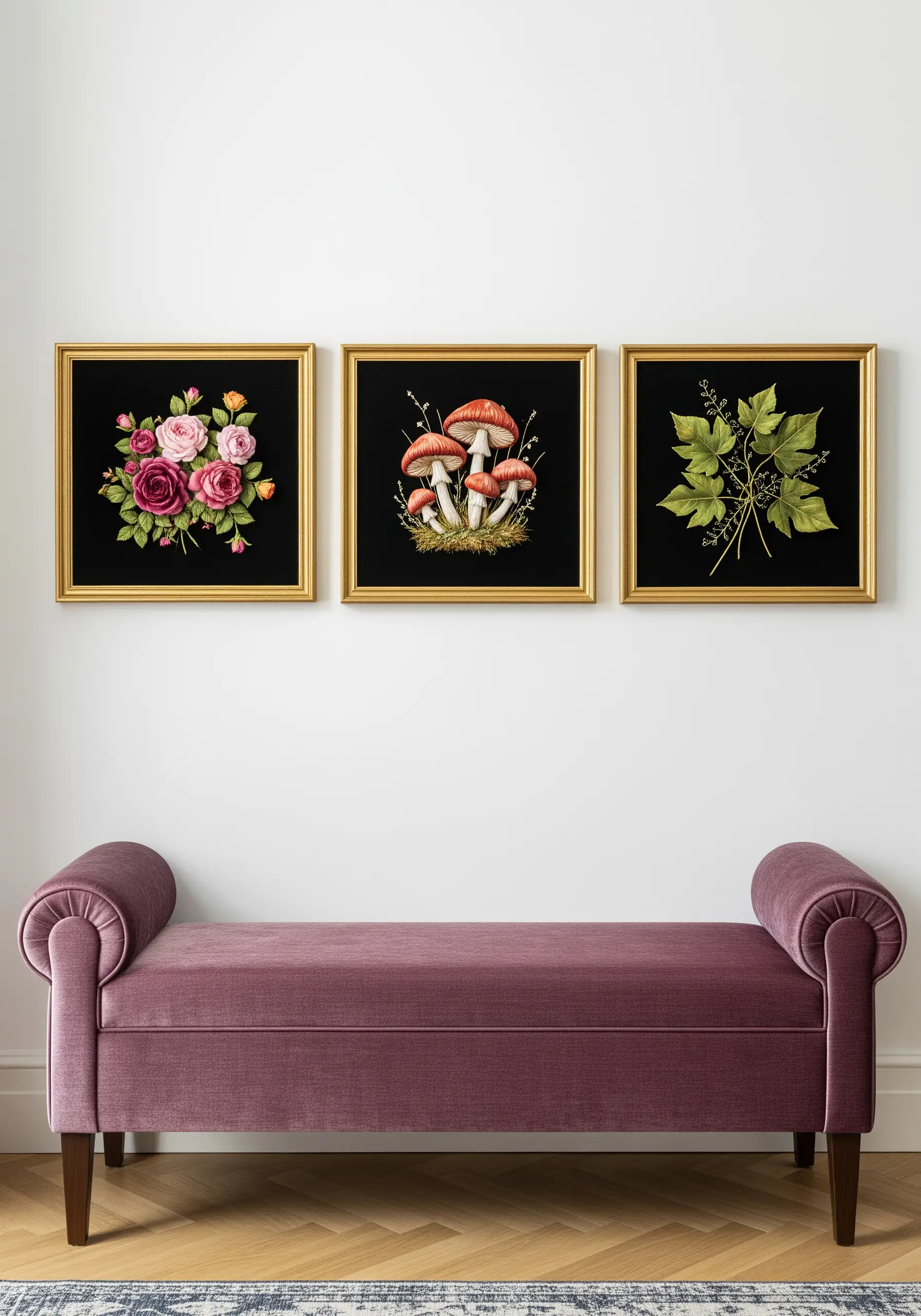 A set of three gold-framed embroideries on black fabric: roses, mushrooms, and green leaves.