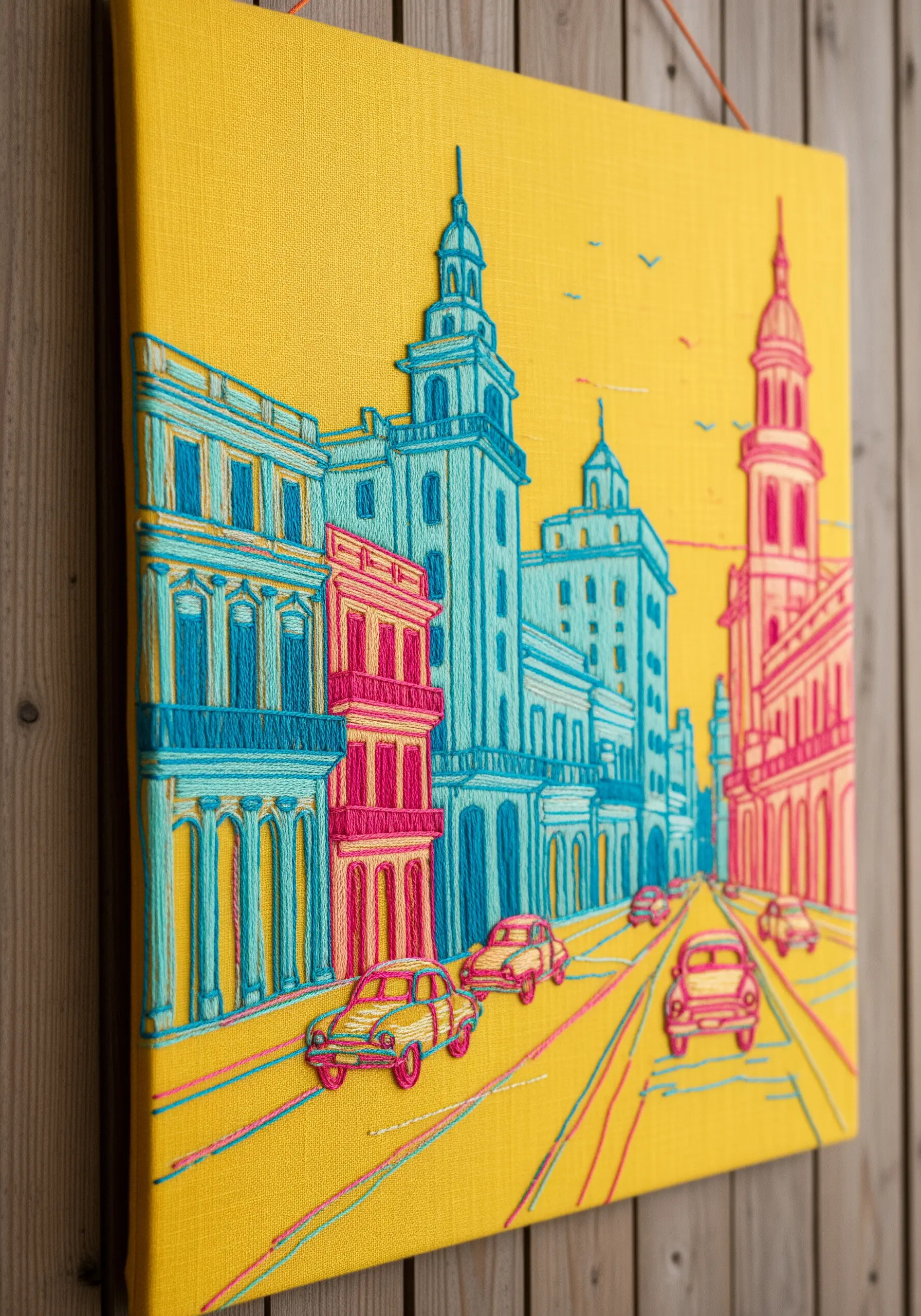 A vibrant embroidery of a Havana street scene using only cyan, magenta, and pink threads on yellow fabric.