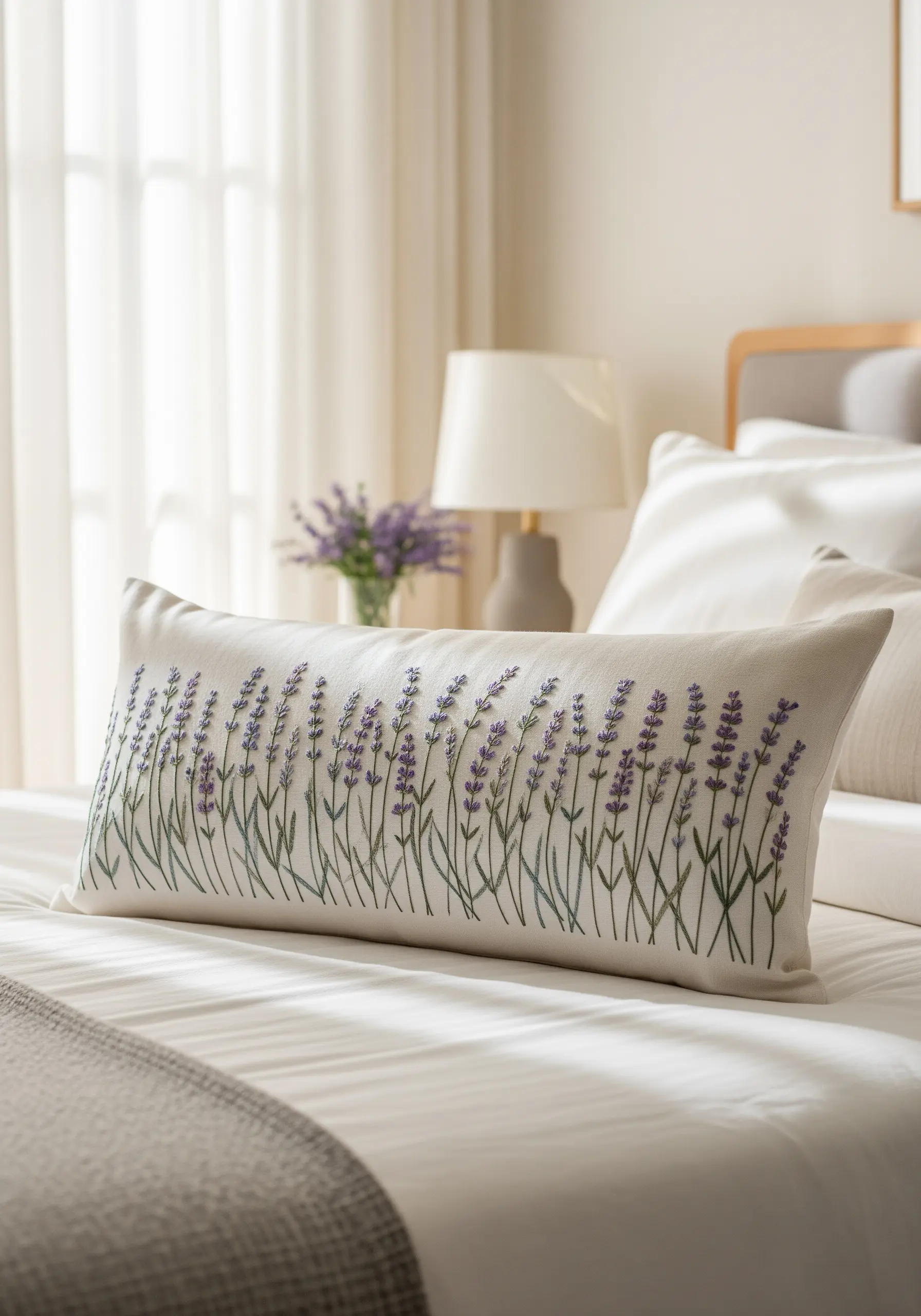 Embroidered lavender field stretching across a rectangular white pillow on a bed.
