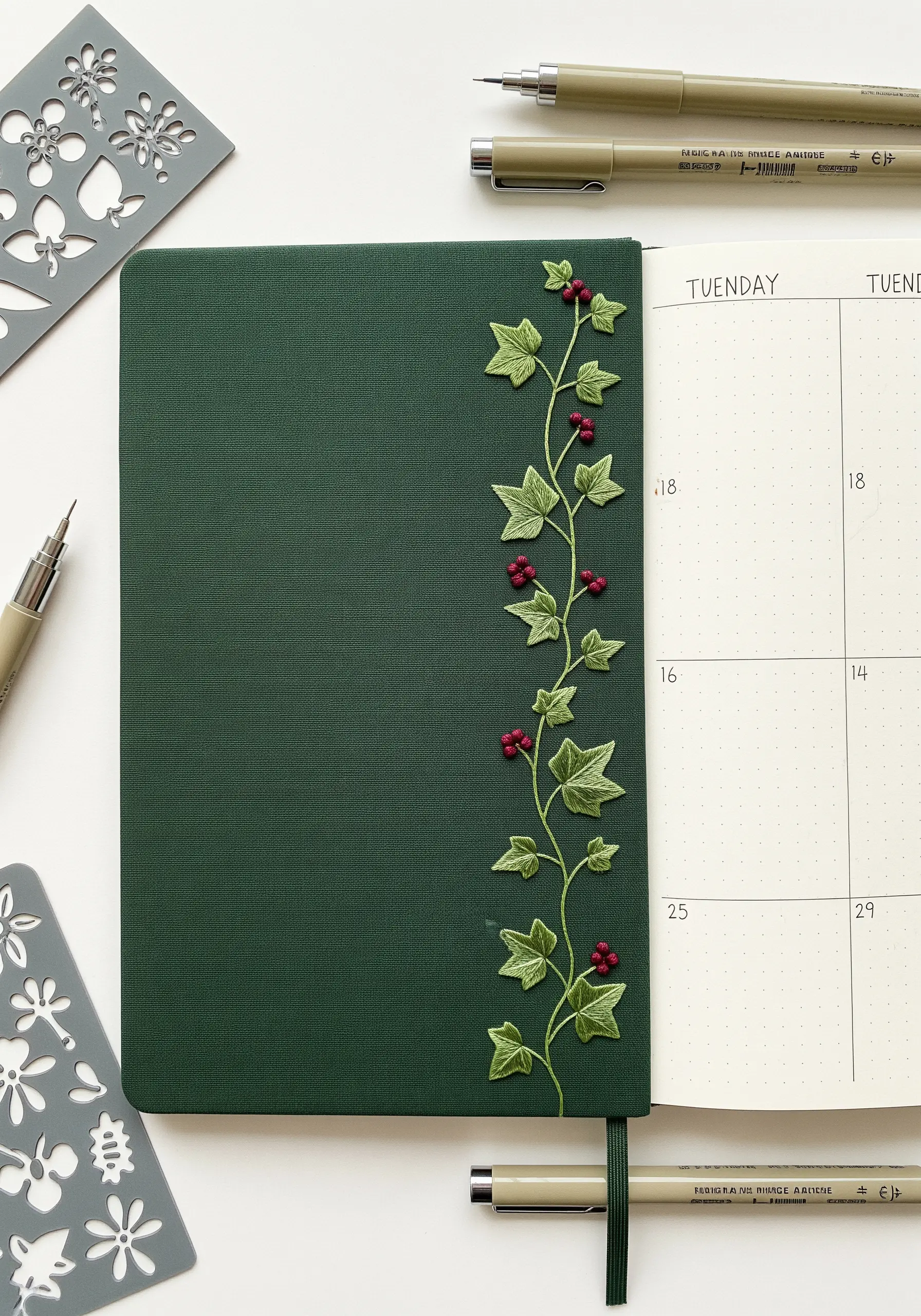 A green ivy vine with red berries embroidered along the spine of a dark green journal.